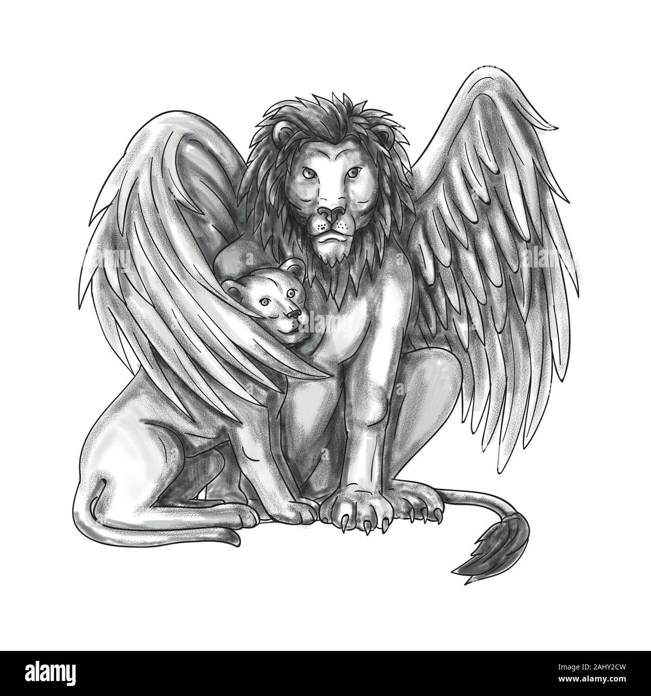 Tattoo style illustration of a winged lion, a mythological creature that resembles a lion with bird-like wings, protecting its cub by putting it Stock Photo