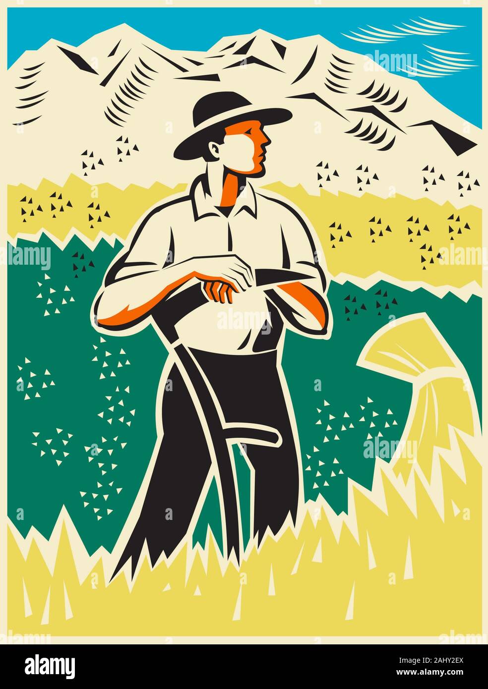 illustration of a farmer with scythe standing in wheat field facing ...