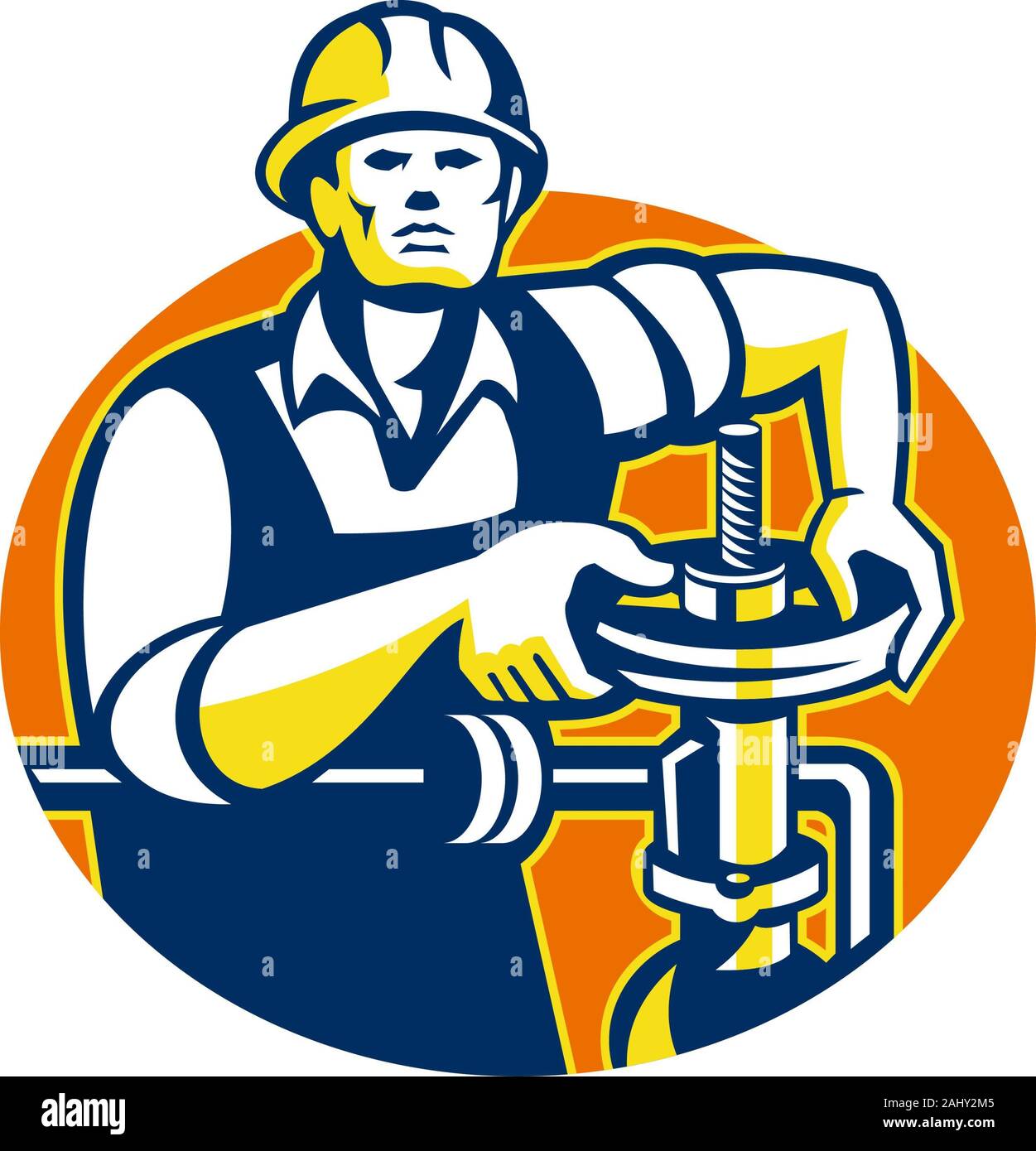 Illustration of a pipefitter oil worker tightening pipeline pipe valve