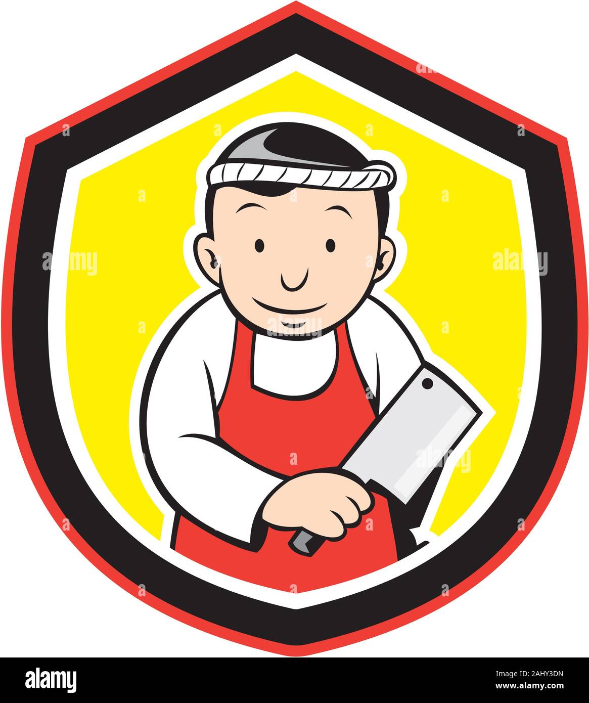 Illustration of a butcher cutter worker holding meat cleaver knife set  inside shield crest on isolated background done in cartoon style Stock  Photo - Alamy