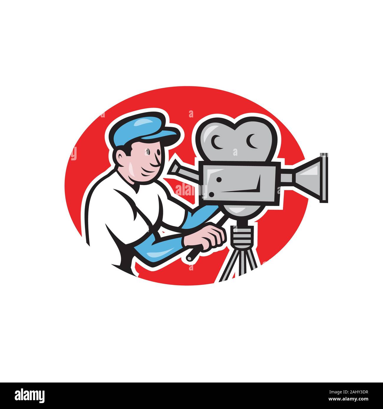 Illustration of a cameraman movie director with vintage movie film camera set viewed from side done in cartoon style. Stock Photo