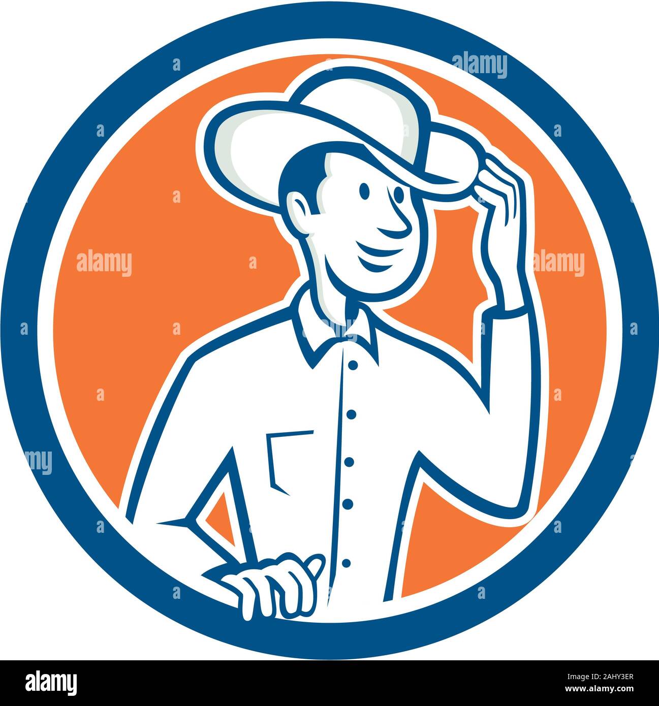 Illustration of a cowboy tipping touching hat set inside circle on