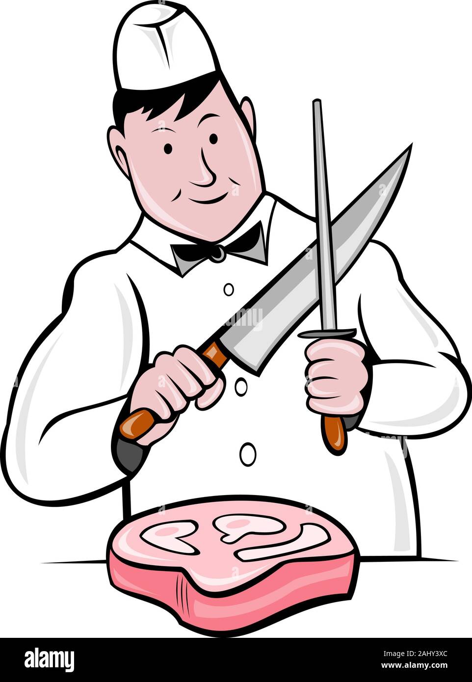 illustration of a cartoon butcher cutter with knife sharpening and cut