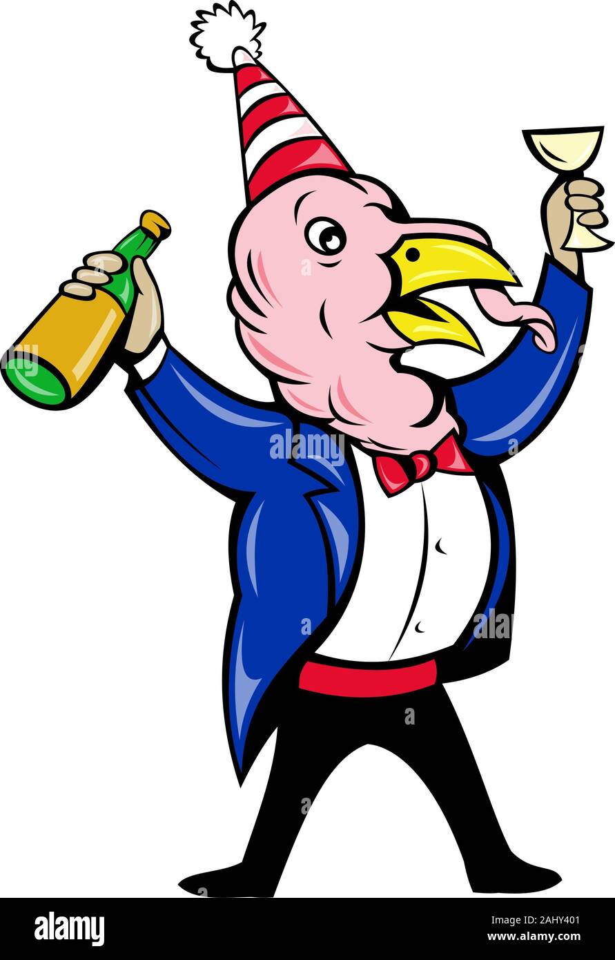 illustration of a cartoon turkey in tie and suit holding wine bottle and glass offering a toast isolated on white. Stock Photo