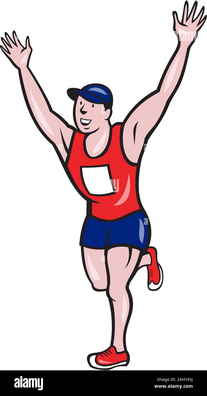 Illustration of a happy marathon runner running with hands up winning  finishing race done in cartoon style on isolated white background Stock  Photo - Alamy