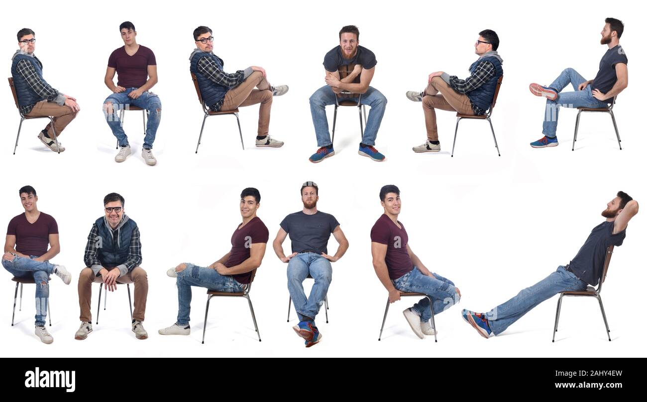men sitting in various ways in a chair Stock Photo Alamy