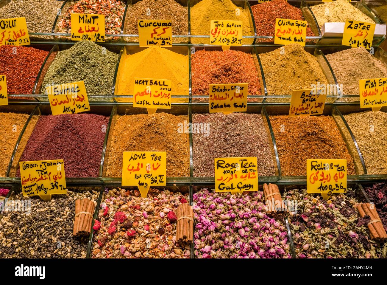 Big variety of different teas and spices are offered for sale inside the Spice Bazaar, Mısır Çarşısı, also known as Egyptian Bazaar Stock Photo