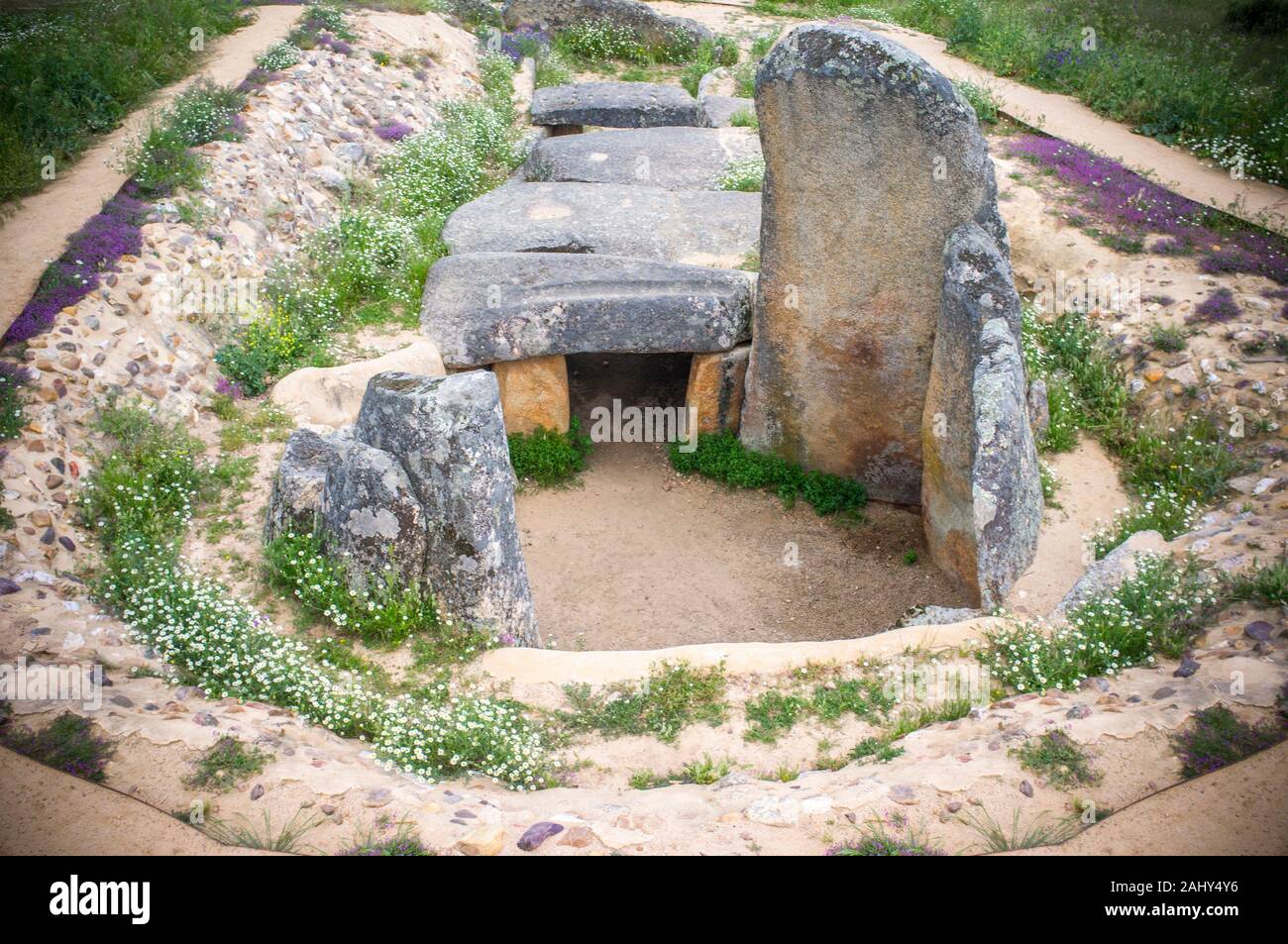 Dolmen of Lacara, the biggest megalithic burial in Extremadura. Spain. Stock Photo