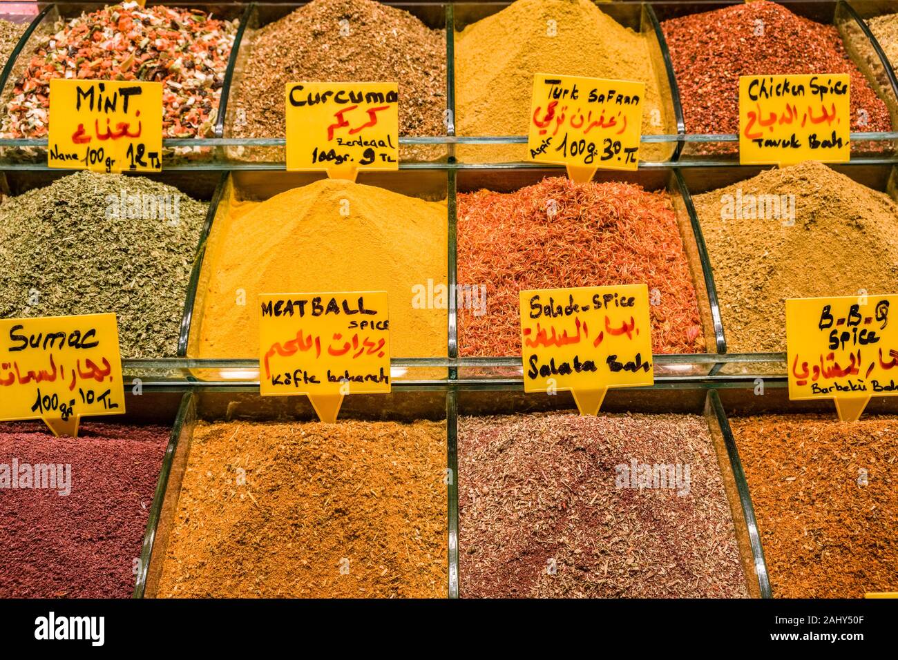 Big variety of different spices are offered for sale inside the Spice Bazaar, Mısır Çarşısı, also known as Egyptian Bazaar Stock Photo