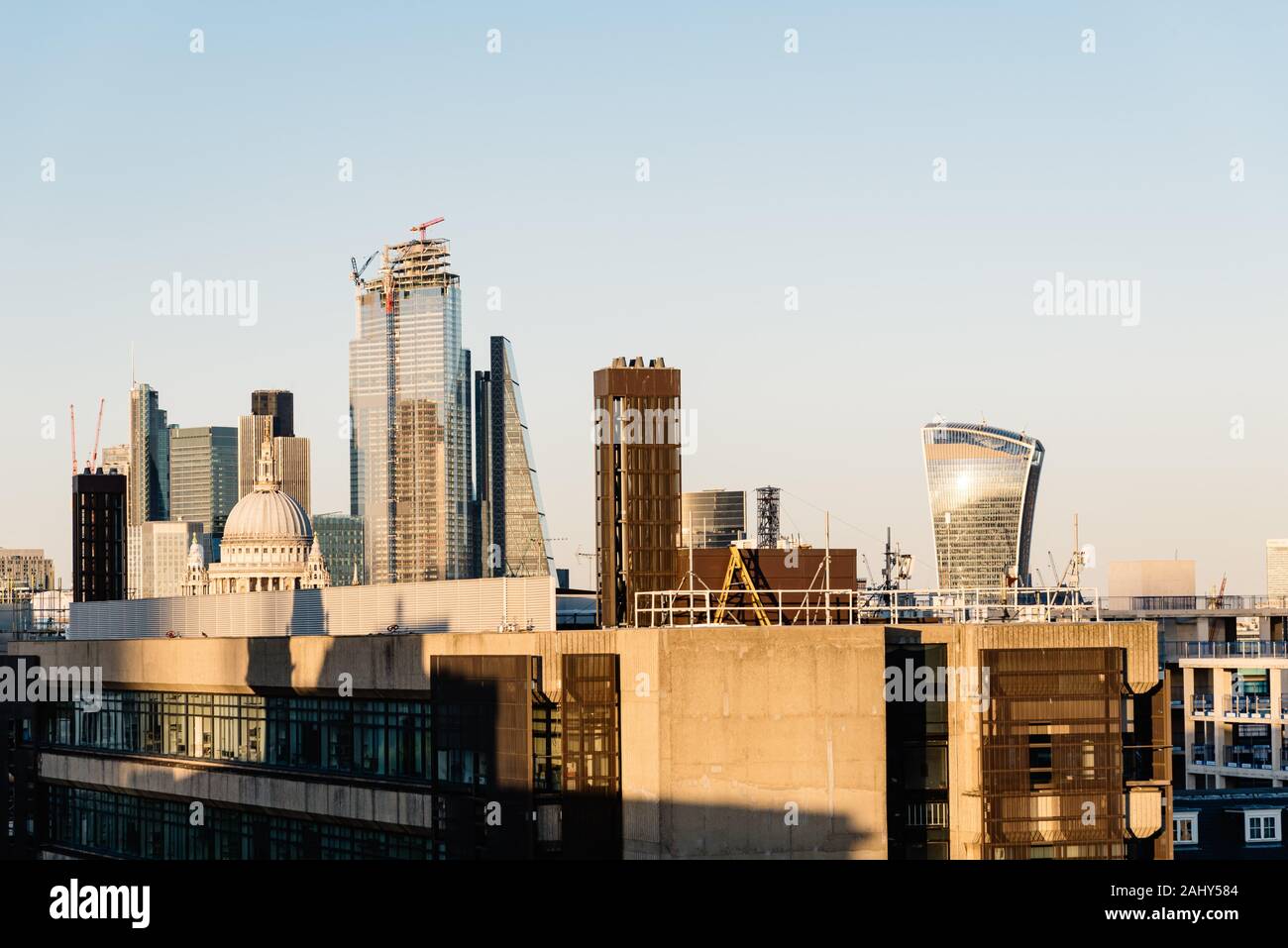 Cityscape of the City of London. High angle view a sunny day at sunset. Stock Photo