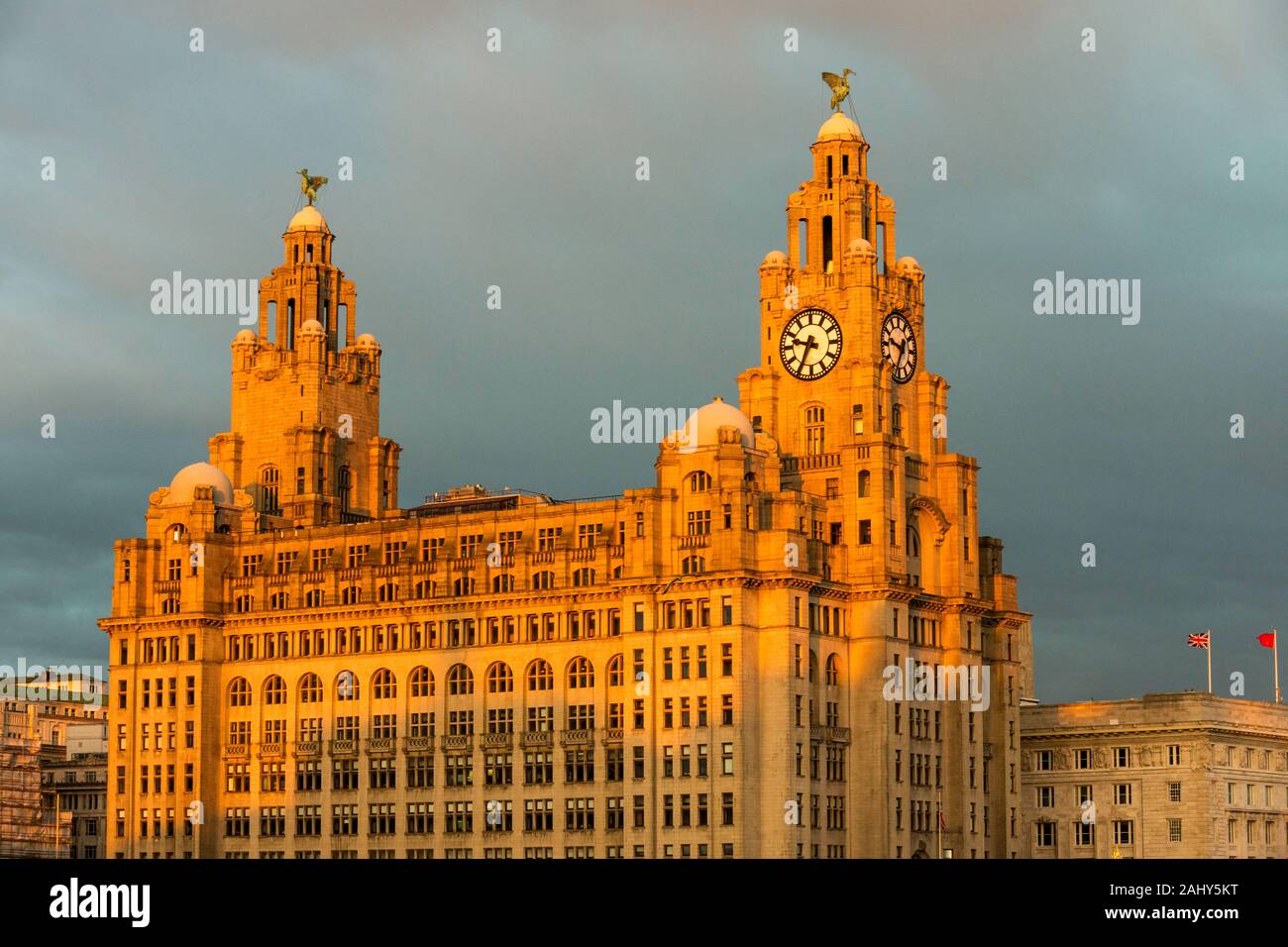 The Royal Liver Building (1911) is a Grade I listed building on Pier Head, Liverpool, England, UK Stock Photo