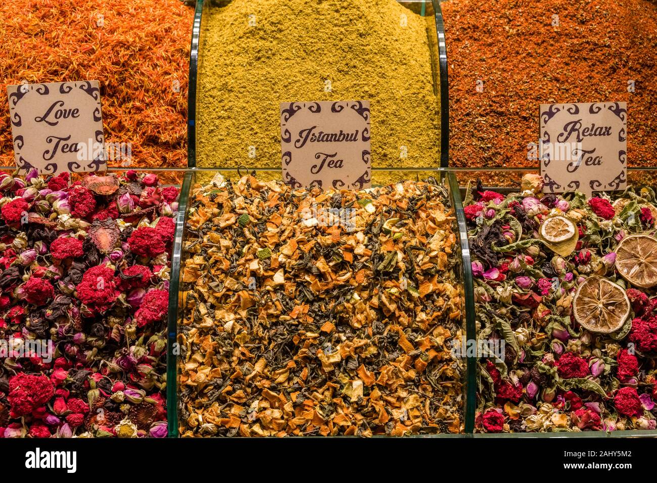 Big variety of different teas and spices are offered for sale inside the Spice Bazaar, Mısır Çarşısı, also known as Egyptian Bazaar Stock Photo