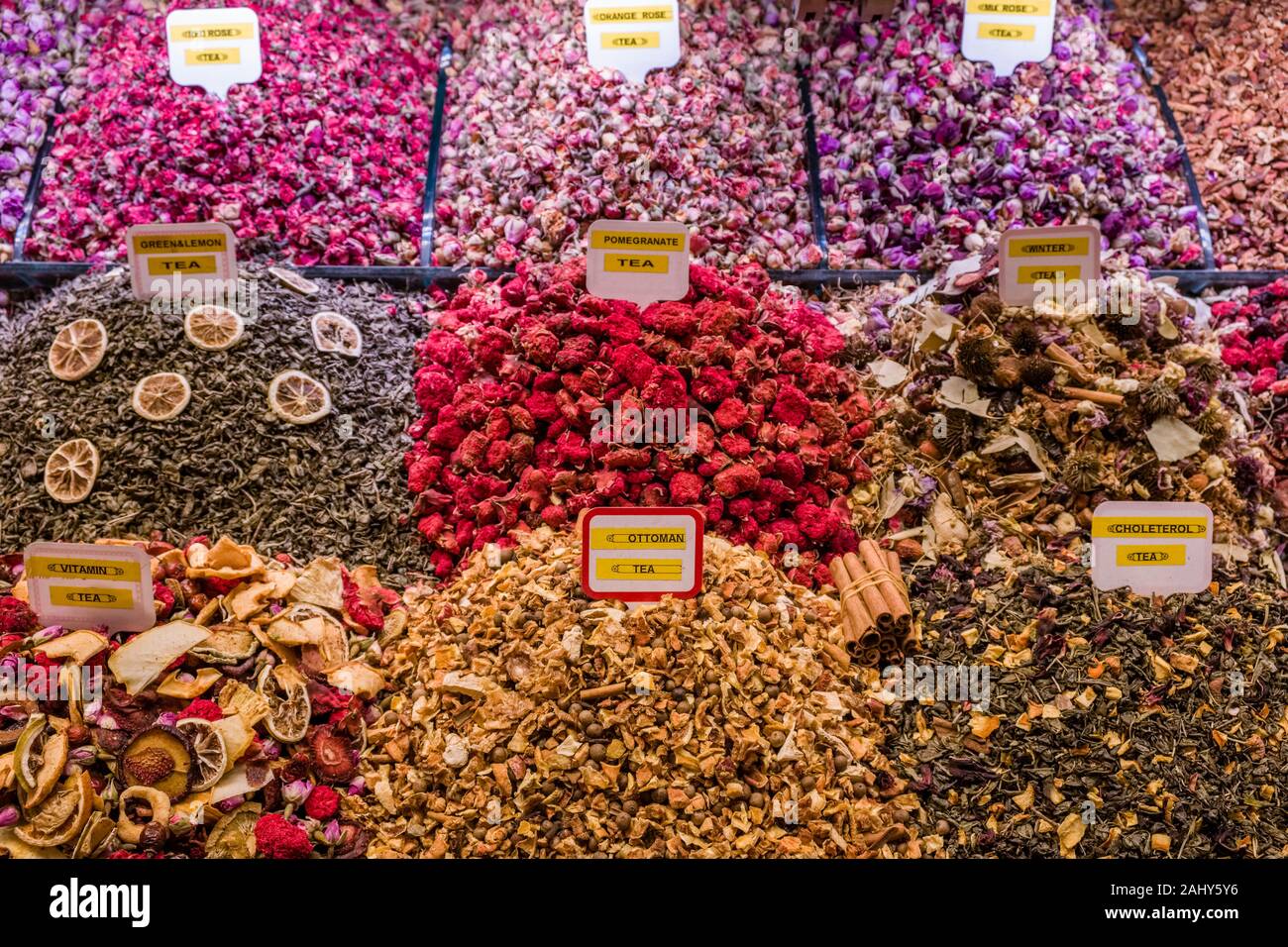 Big variety of different teas are offered for sale inside the Spice Bazaar, Mısır Çarşısı, also known as Egyptian Bazaar Stock Photo