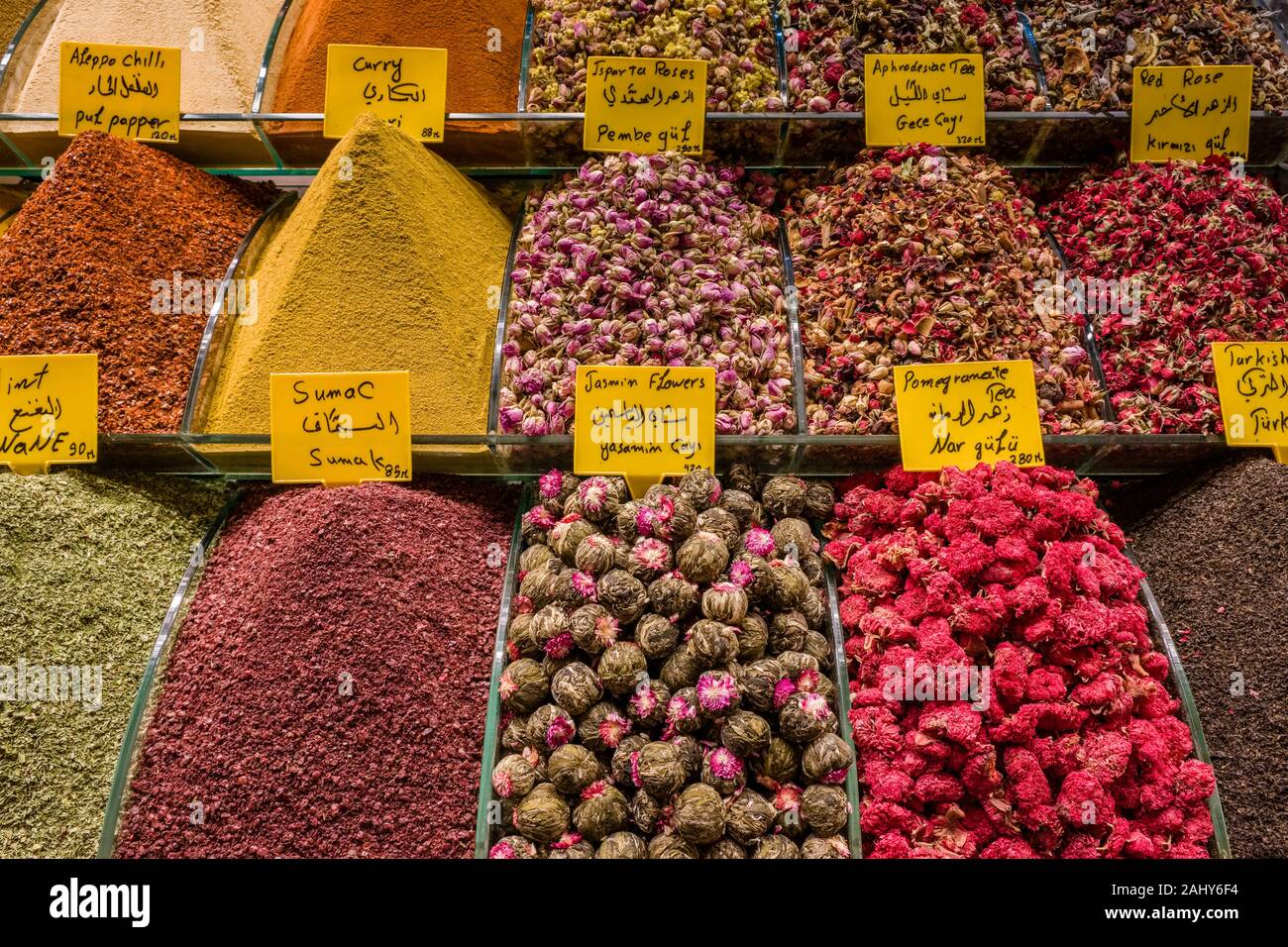 Big variety of different teas and spices are offered for sale inside the Spice Bazaar, Mısır Çarşısı, also known as Egyptian Bazaar Stock Photo