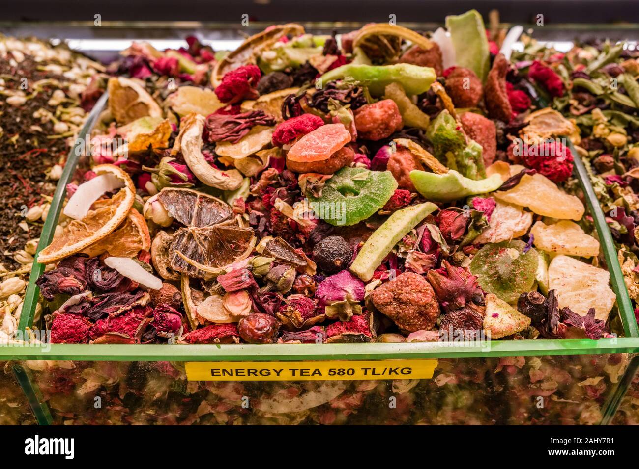 Big variety of different teas are offered for sale inside the Spice Bazaar, Mısır Çarşısı, also known as Egyptian Bazaar Stock Photo