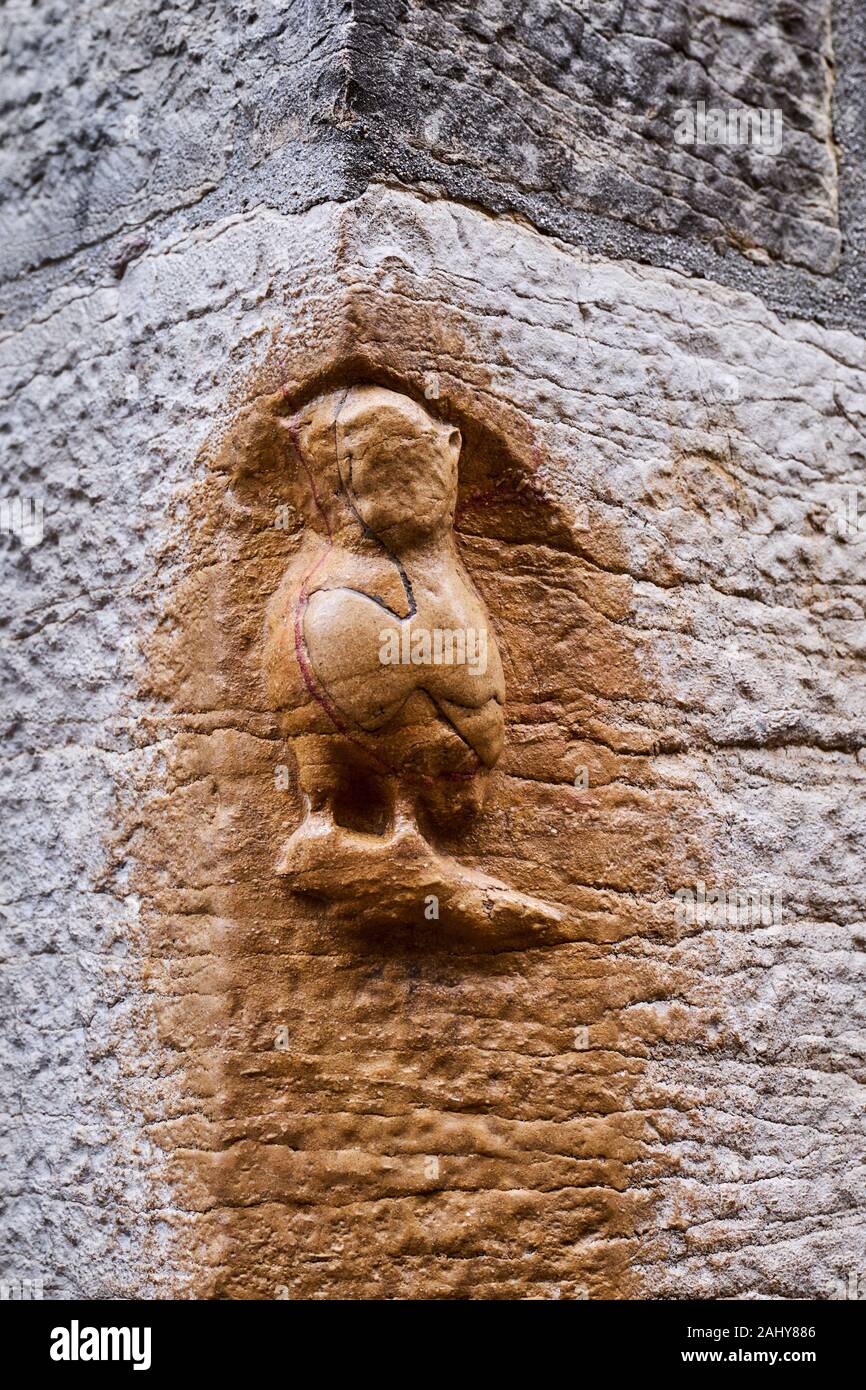 France, Côte d'Or (21), Cultural landscape of Burgundy climates classified as World Heritage by UNESCO, Dijon, owl carved lucky charm Stock Photo