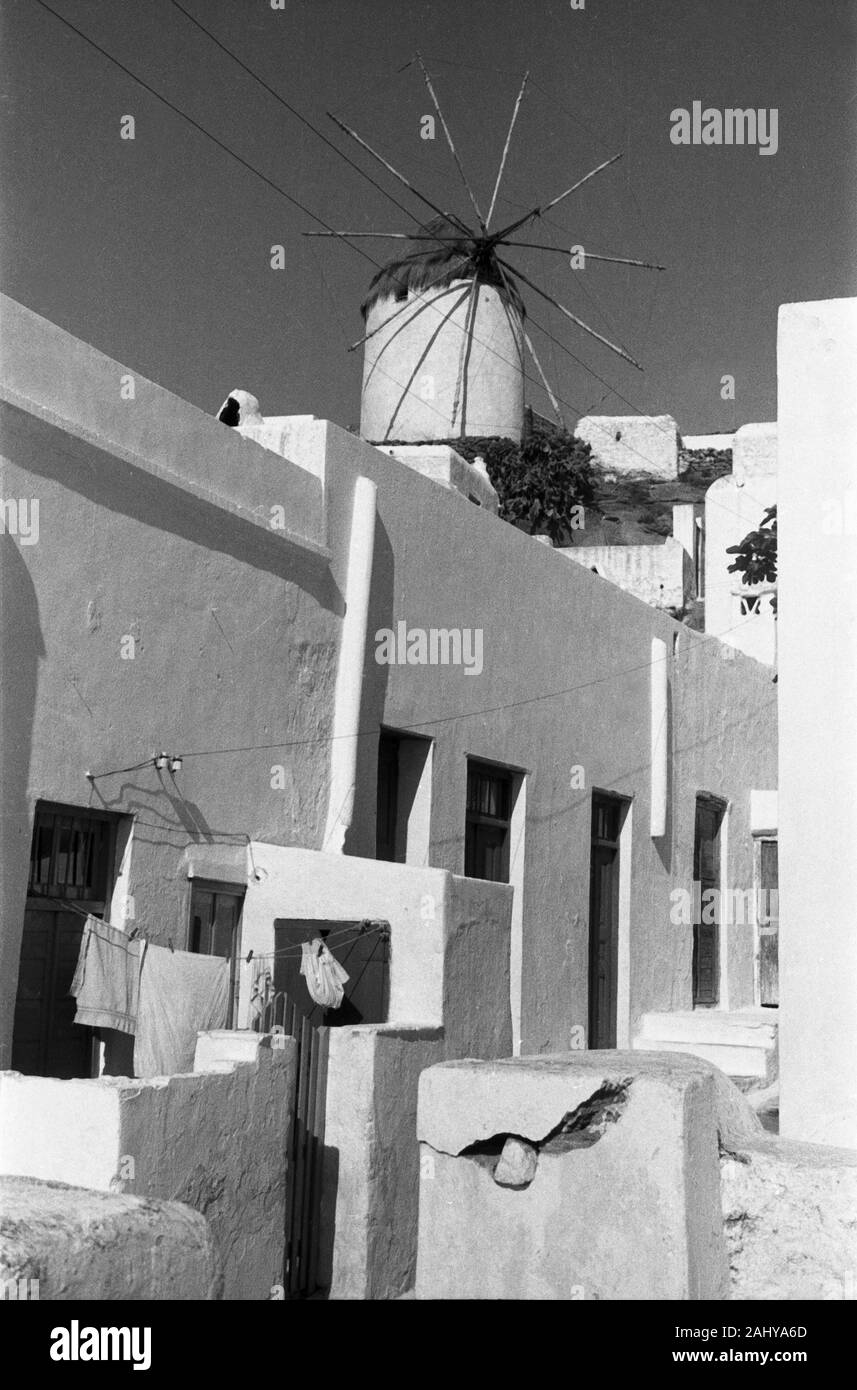 Blick vom Innenhof einer typischen griechischen Küstenstadt Mykonos auf eine Windmühle, Griechenland 1950er. View of a windmill from the courtyard of a typical Greek coastal town Mykonos, Greece 1950s. Stock Photo