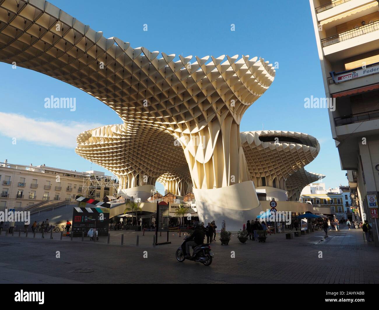 The Parasol Metropol in the city center of Seville, Andalusia, Spain, is the largest wooden construction in the world. It provides shade on the ground Stock Photo