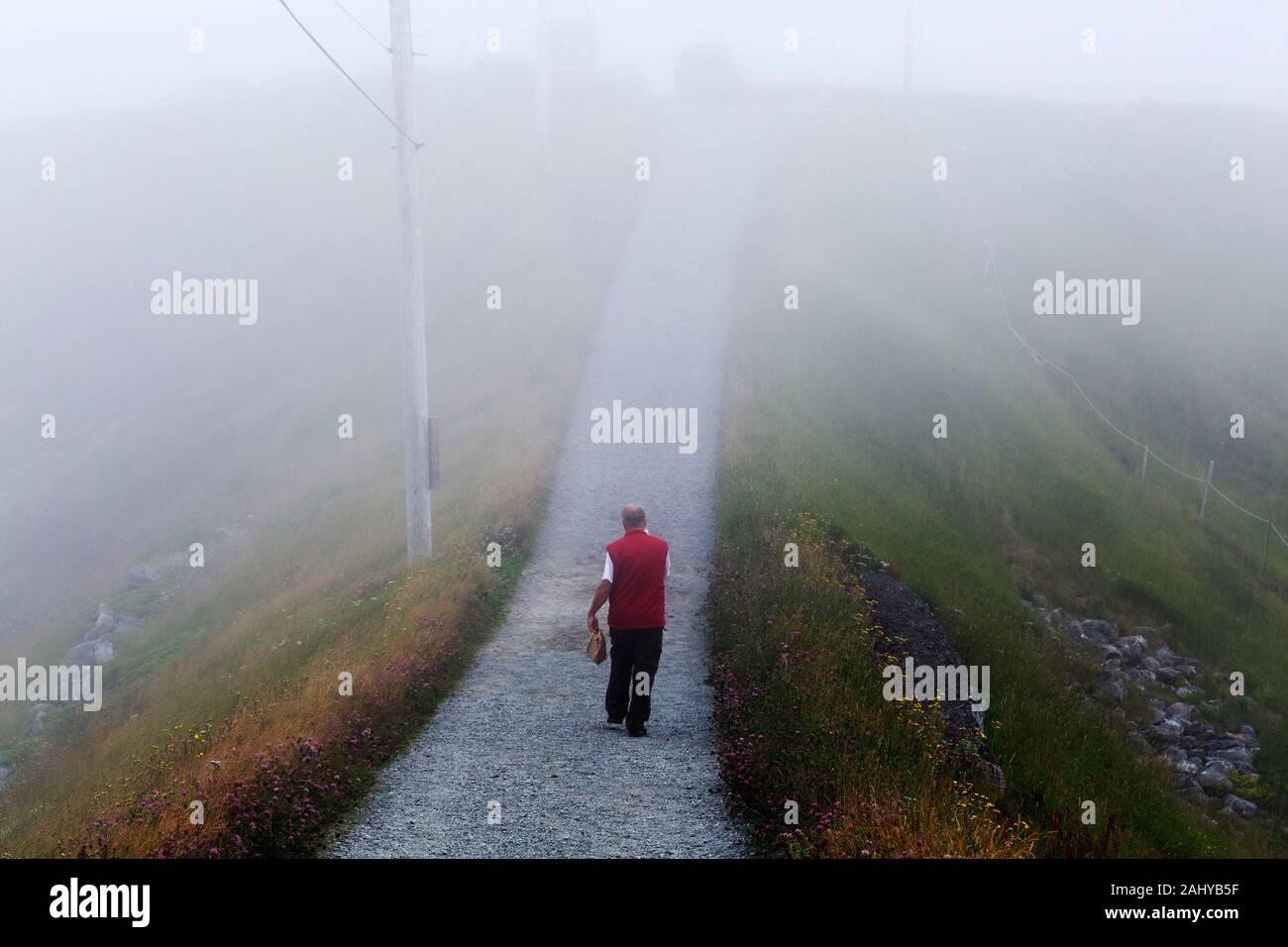 Man walking on the track to the Ferryland Lighthouse on a foggy day in Newfoundland and Labrador, Canada. The trail is on the Avalon Peninsula. Stock Photo