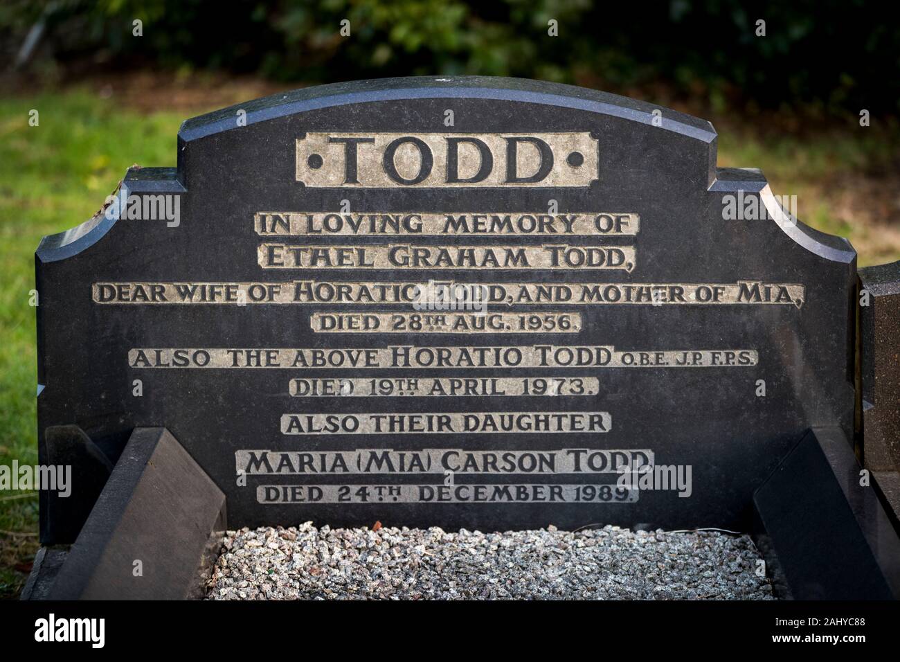 Headstone of Horatio Todd at Dundonald Cemetery in Belfast, Peter