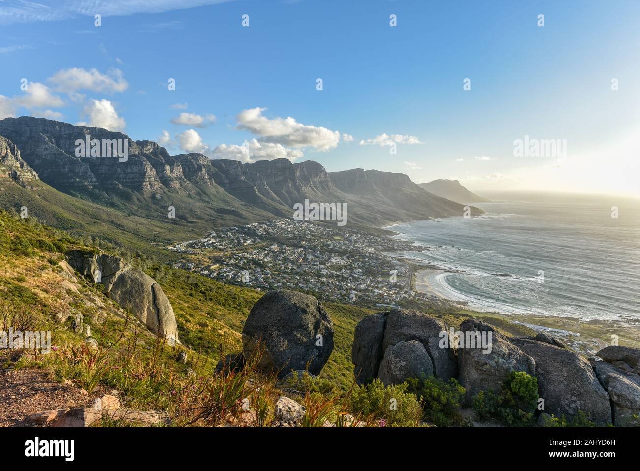 Magnificient view of Table Mountain and 12 Apostles with Camps Bay Beach, Cape Town, South Africa Stock Photo