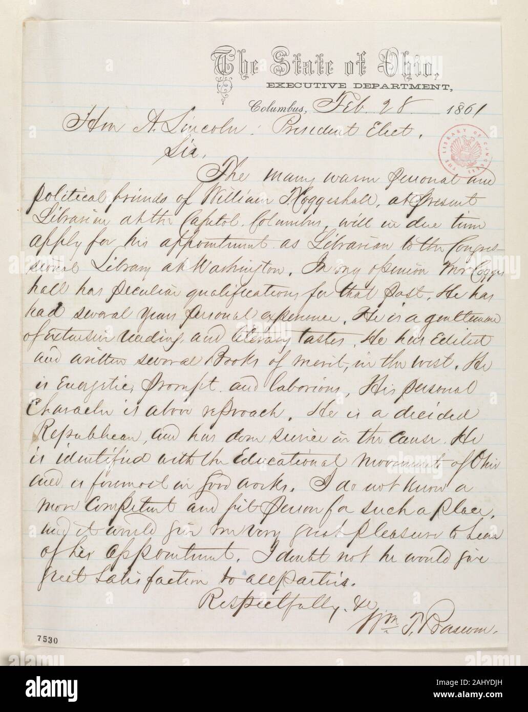 Abraham Lincoln Papers, Series 1. General Correspondence. William T. Bascom to Abraham Lincoln, Thursday, February 28, 1861 Stock Photo