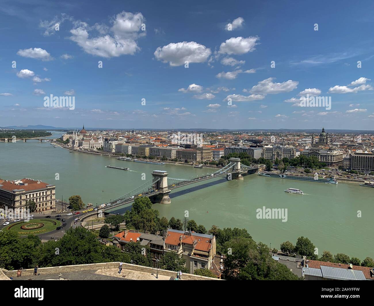 Arial view from Budapest Castle Hill to Pest riverside,with the Chain  Bridge, River Danube,the Dom of Basilica and the Hungarian Parliament  building Stock Photo - Alamy