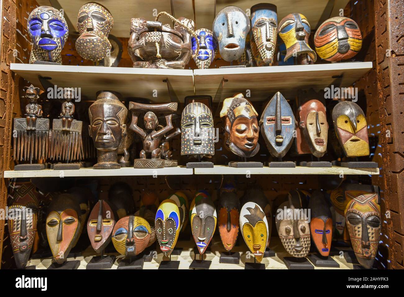 African handcrafted wooden masks, Johannesburg, South Africa Stock