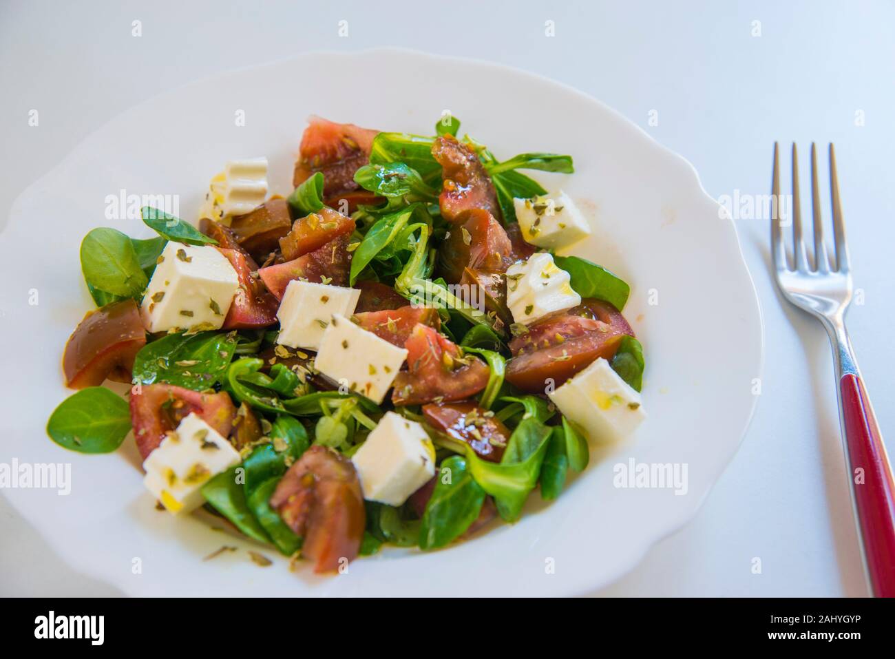 Mediterranean diet salad made of tomato, cottage cheese, water cress