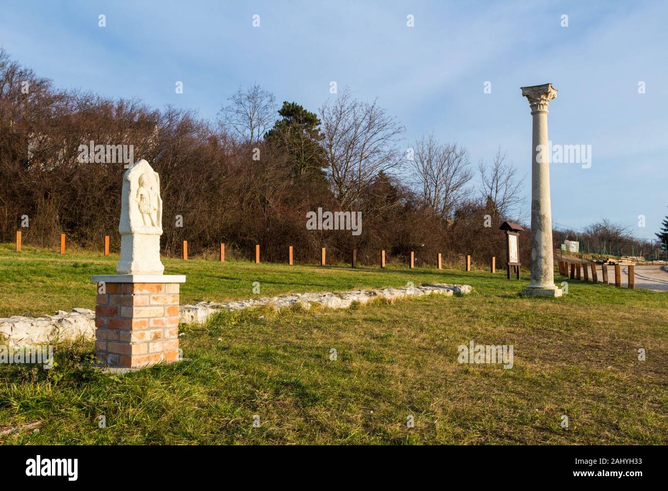 Remains ruins of Nemesis sanctuary temple and ancient Roman corinthian column 2nd-4th century, Becsi-domb, Sopron, Hungary Stock Photo