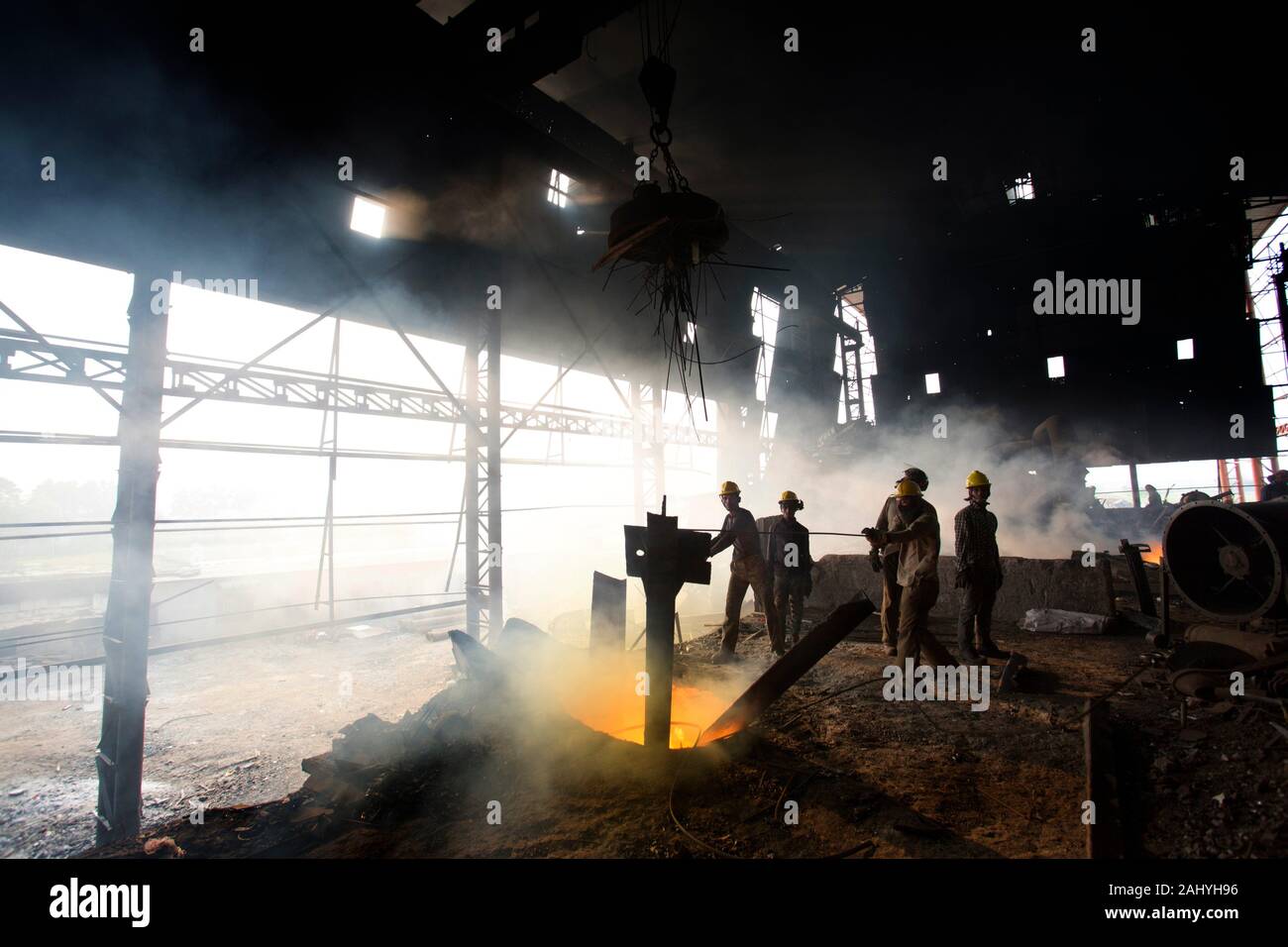 Blast furnace in the melt steel works, risky workers in steel factories are working at Demra, Dhaka, Bangladesh. Stock Photo