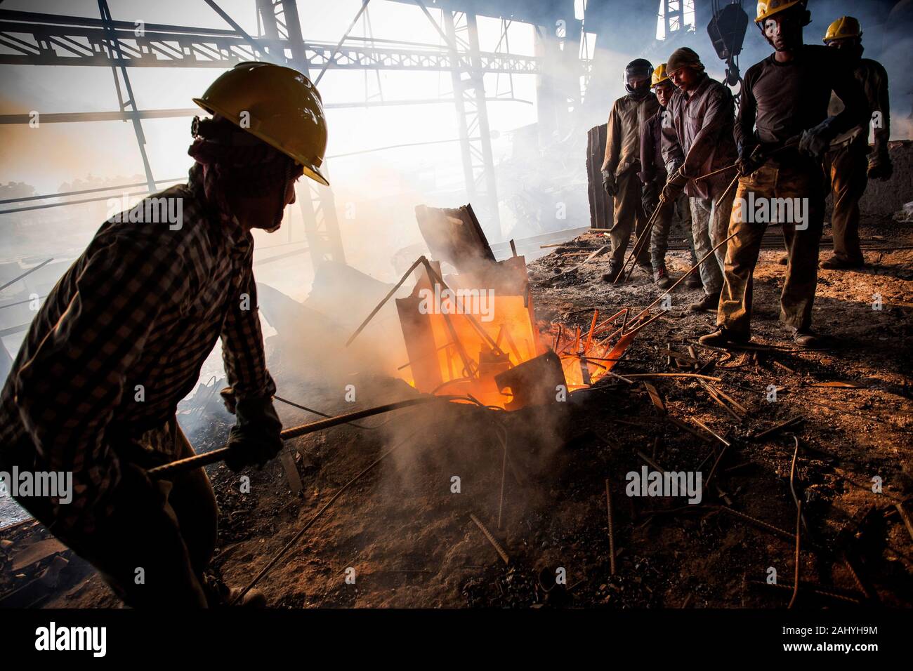 Blast furnace in the melt steel works, risky workers in steel factories are working at Demra, Dhaka, Bangladesh. Stock Photo
