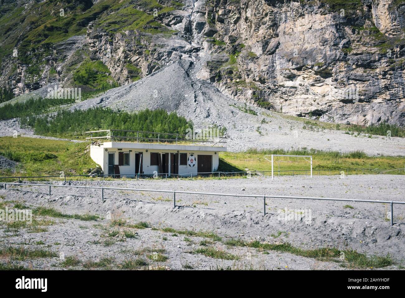 Zinal, Val d' Anniviers, Valais, Switzerland - AUGUST 6 2018 : FC Zinal  football pitch covered with thick layer of sludge, mud and rocks after  heavy t Stock Photo - Alamy