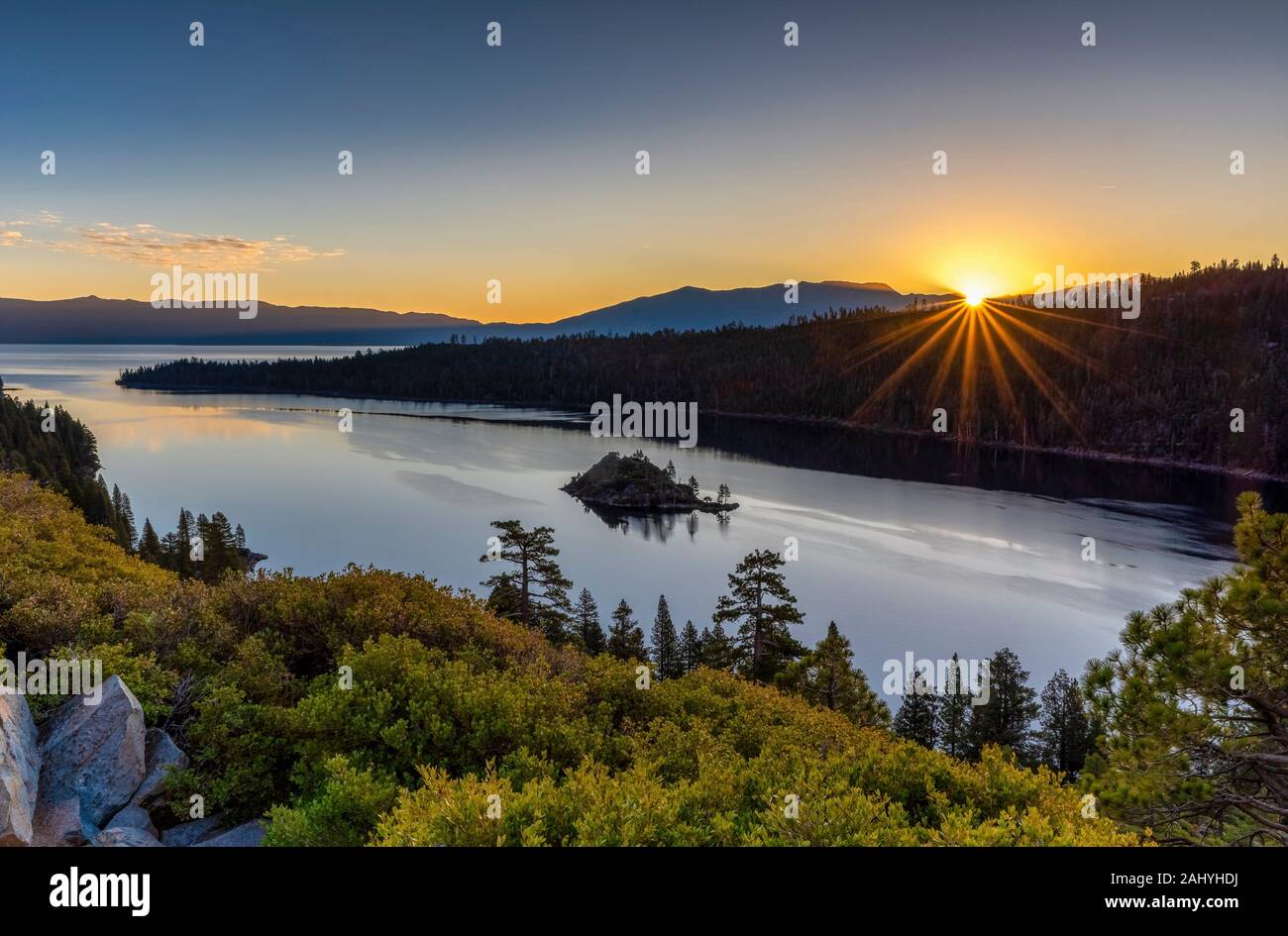 Sunrise over Emerald Bay Lake Tahoe CA USA World Location. Stock Photo