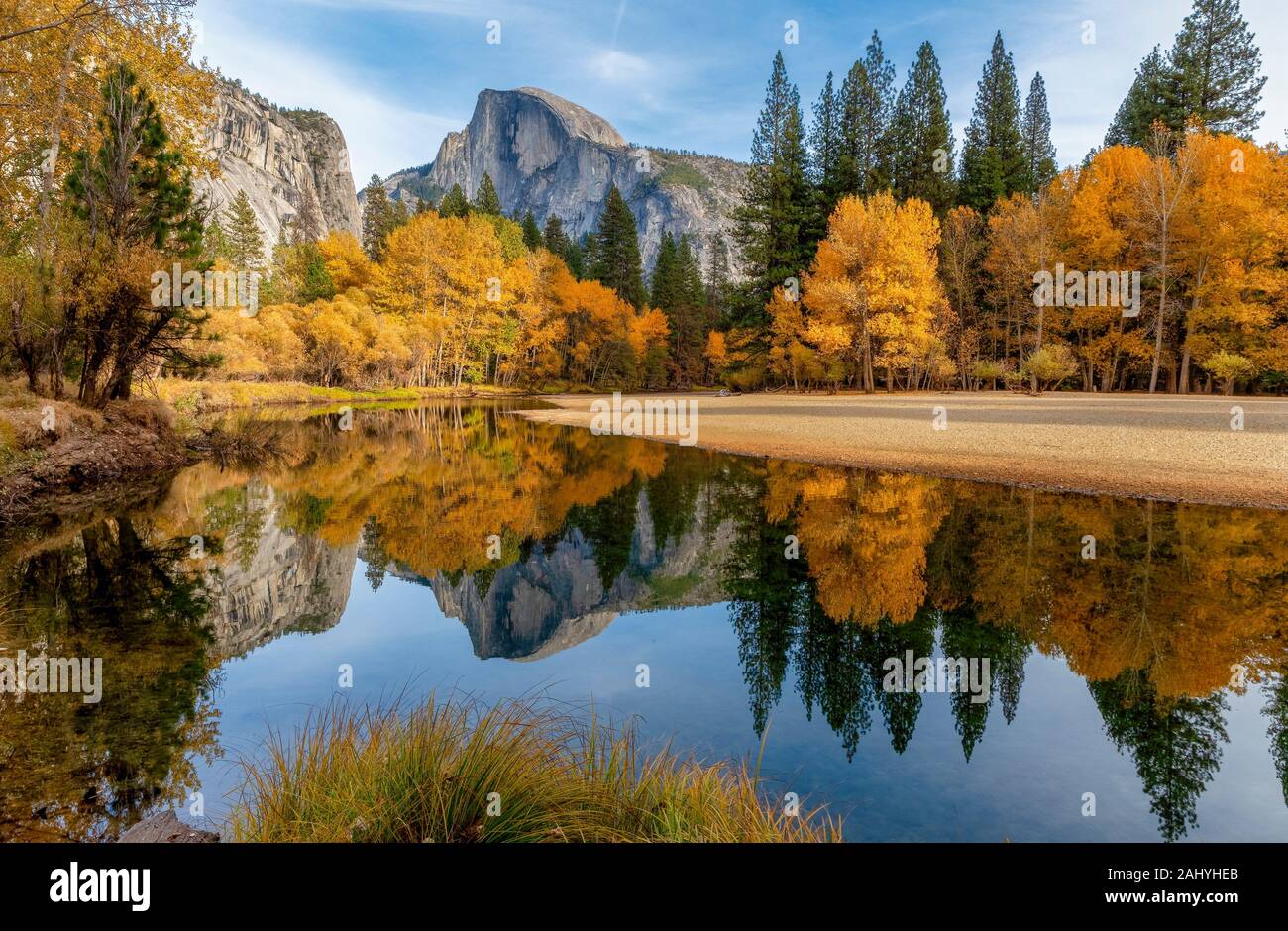 Fall below Half Dome in Yosemite National Park CA USA World Location. Stock Photo