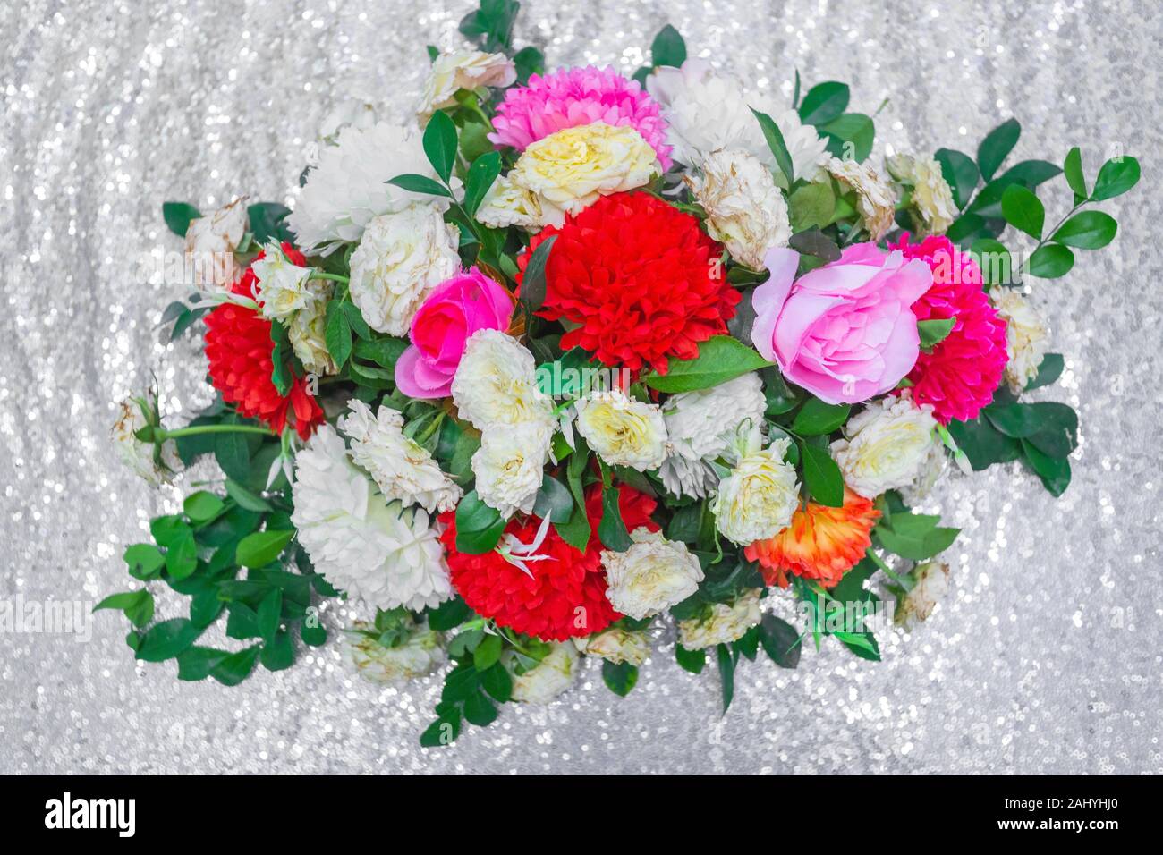 Silver Background Hand made paper flower, Wedding decoration and colorful wedding stage in Bangladesh. Stock Photo