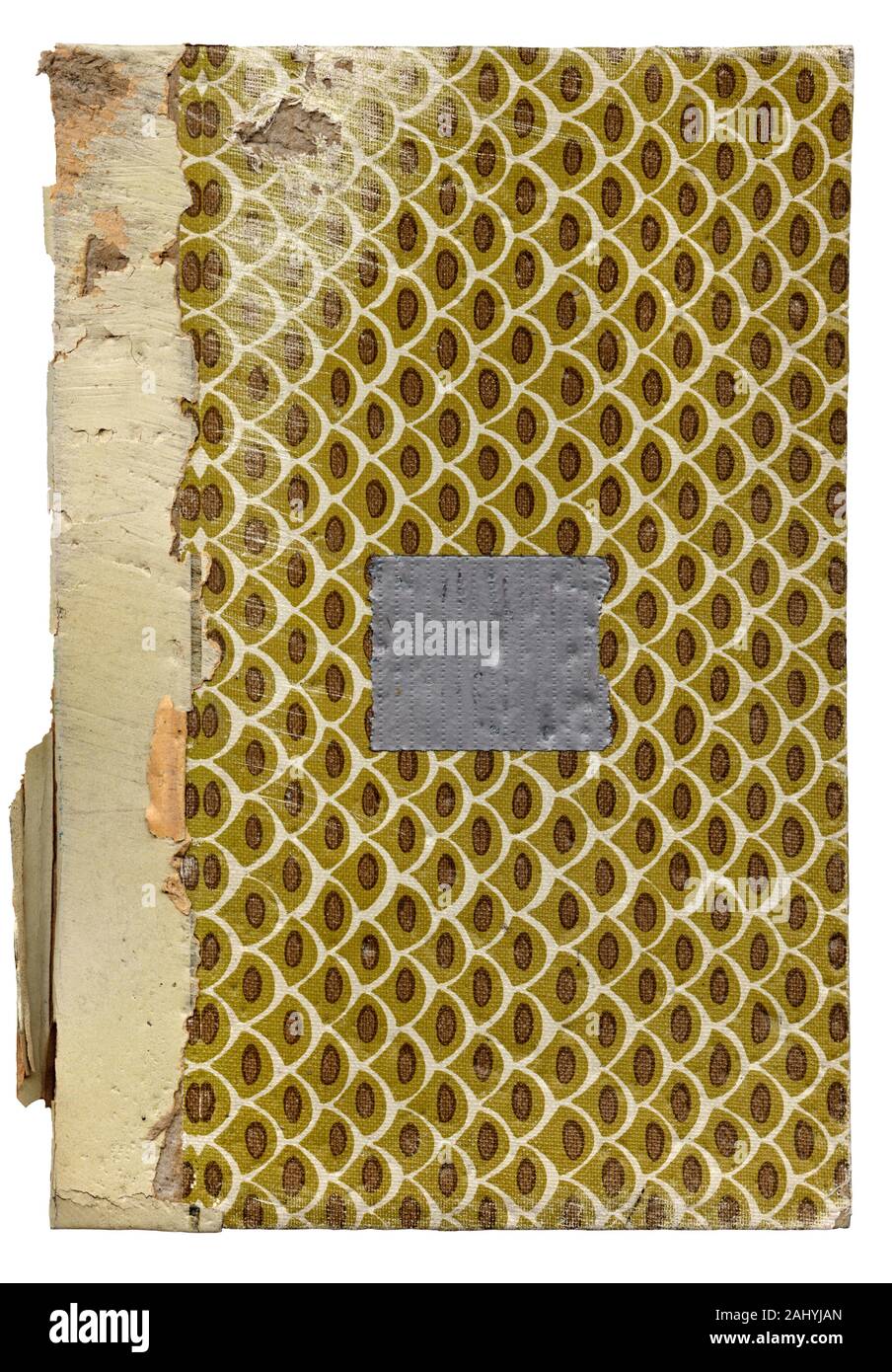 Grungy and gritty old book cover with adhesive tape stuck in the middle of the paper. This is a high resolution scan showing all the detail. Stock Photo