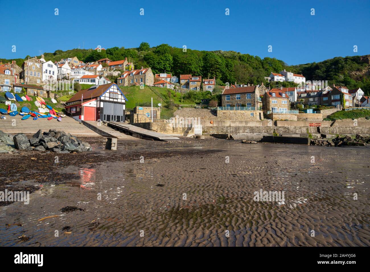 A sunny spring day at Runswick Bay on the coast of East Yorkshire, England. Stock Photo