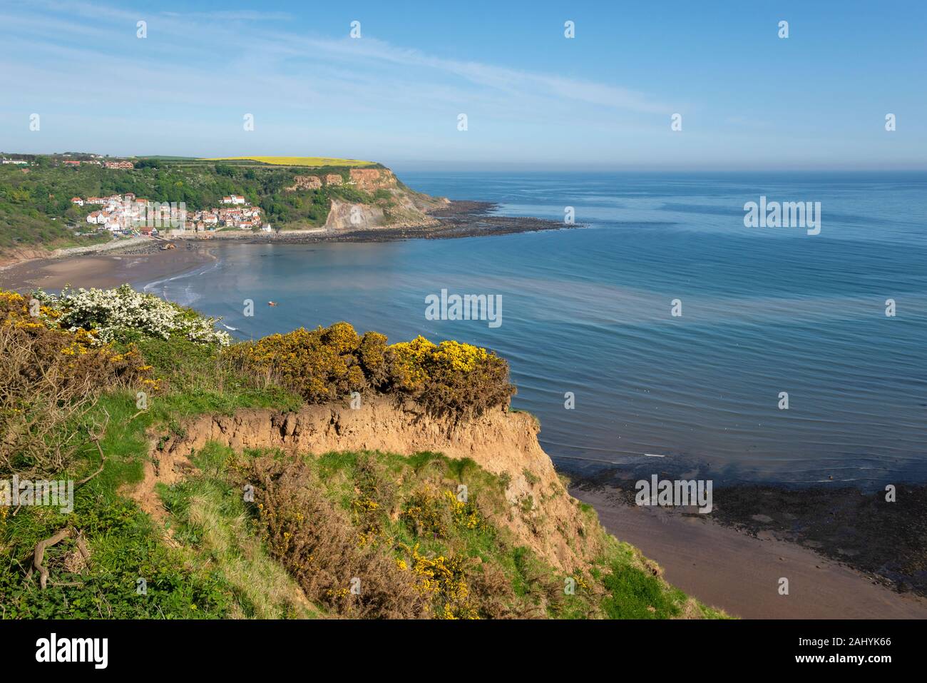 A sunny spring day at Runswick Bay on the coast of East Yorkshire, England. Stock Photo