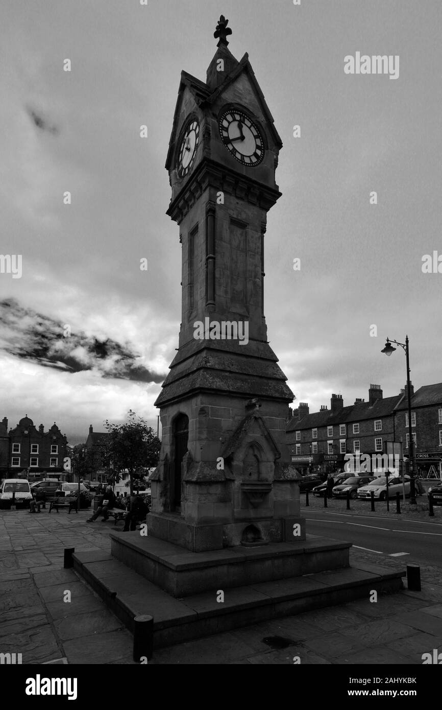 The clock tower in the market place, Thirsk town, North Yorkshire, England, UK Stock Photo