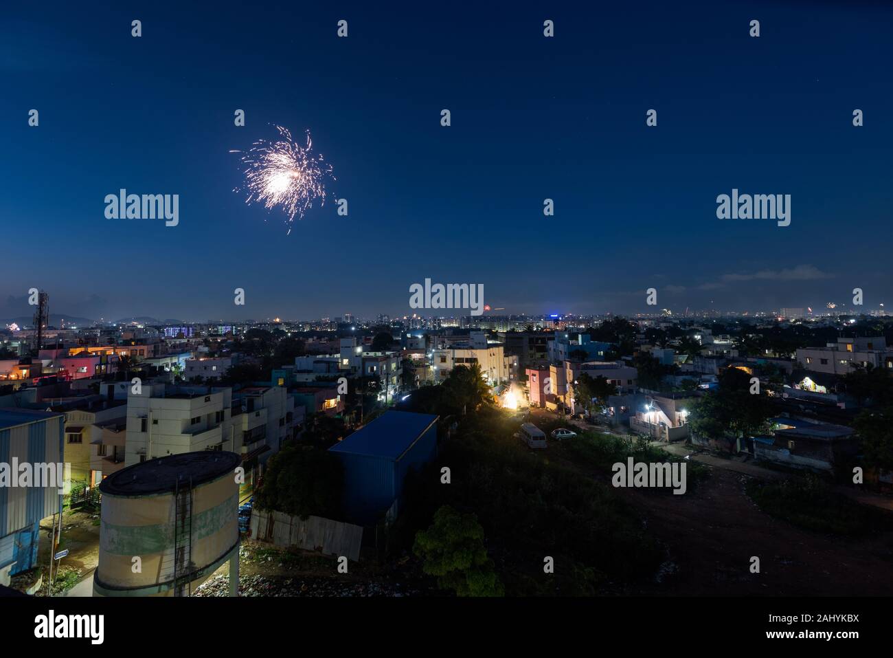 Bursting fireworks during the Divali festival of light over the city of Chennai in South India Stock Photo