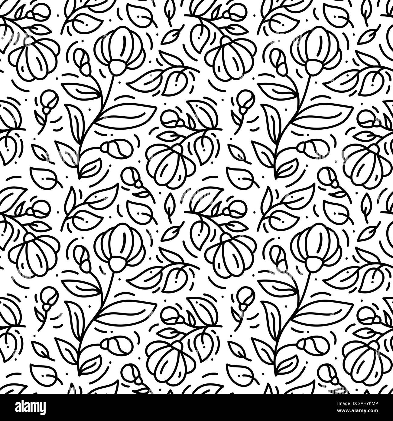 Floral monoline seamless pattern background, textile printing. Hand