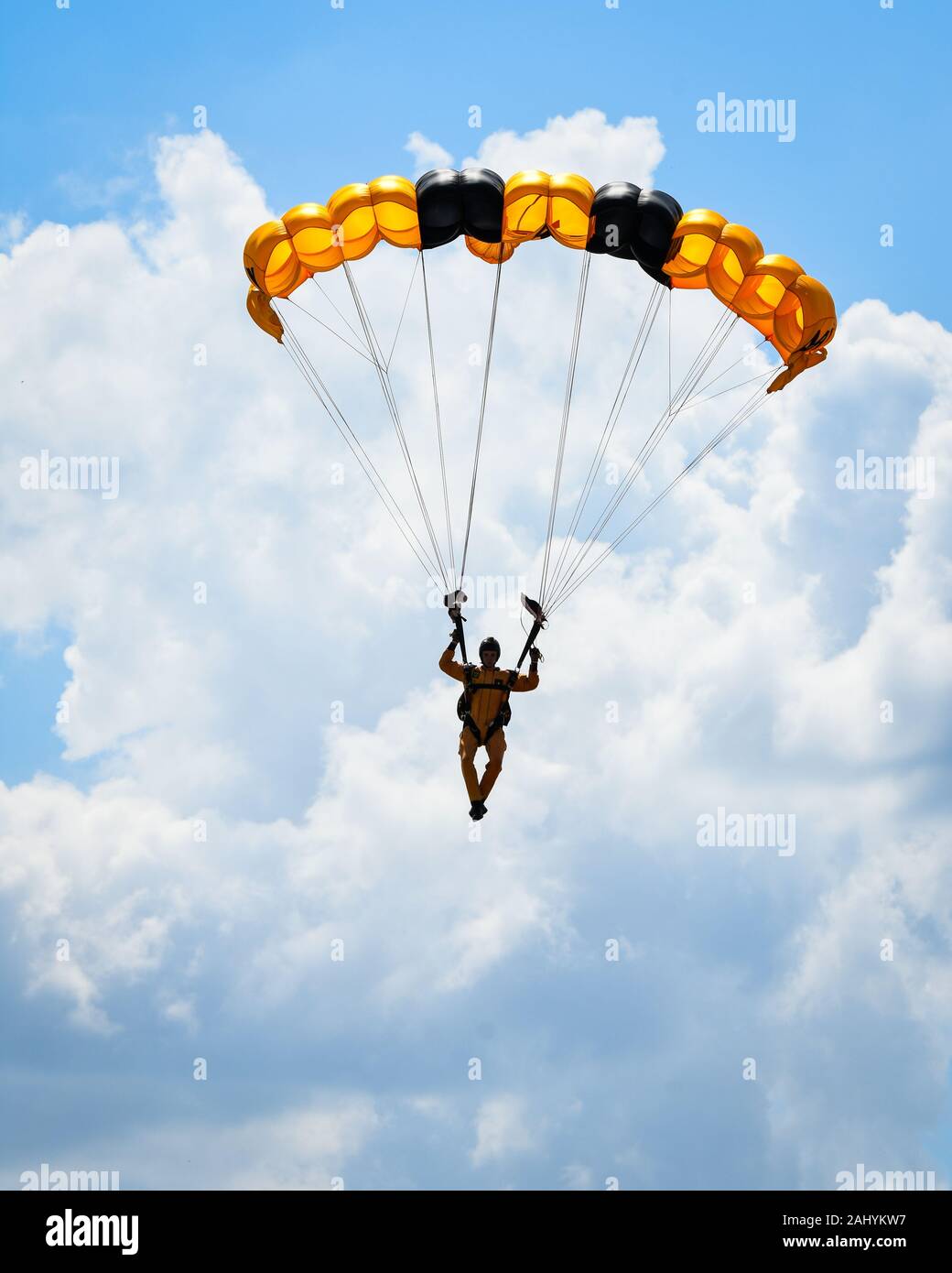 U.S. Army Golden Knights train together during a joint training exercise with other parachute team Soldiers. In addition to the Golden Knights, the teams here for training include: the British Army’s Red Devils, the U.S. Army Special Operations Command Black Daggers, the U.S. Navy Leap Frogs, the U.S. Air Force Wings of Blue, the U.S. Special Operations Command Para Commandos, and Fort Benning’s Silver Wings. (U.S. Army photo by Lara Poirrier) Stock Photo