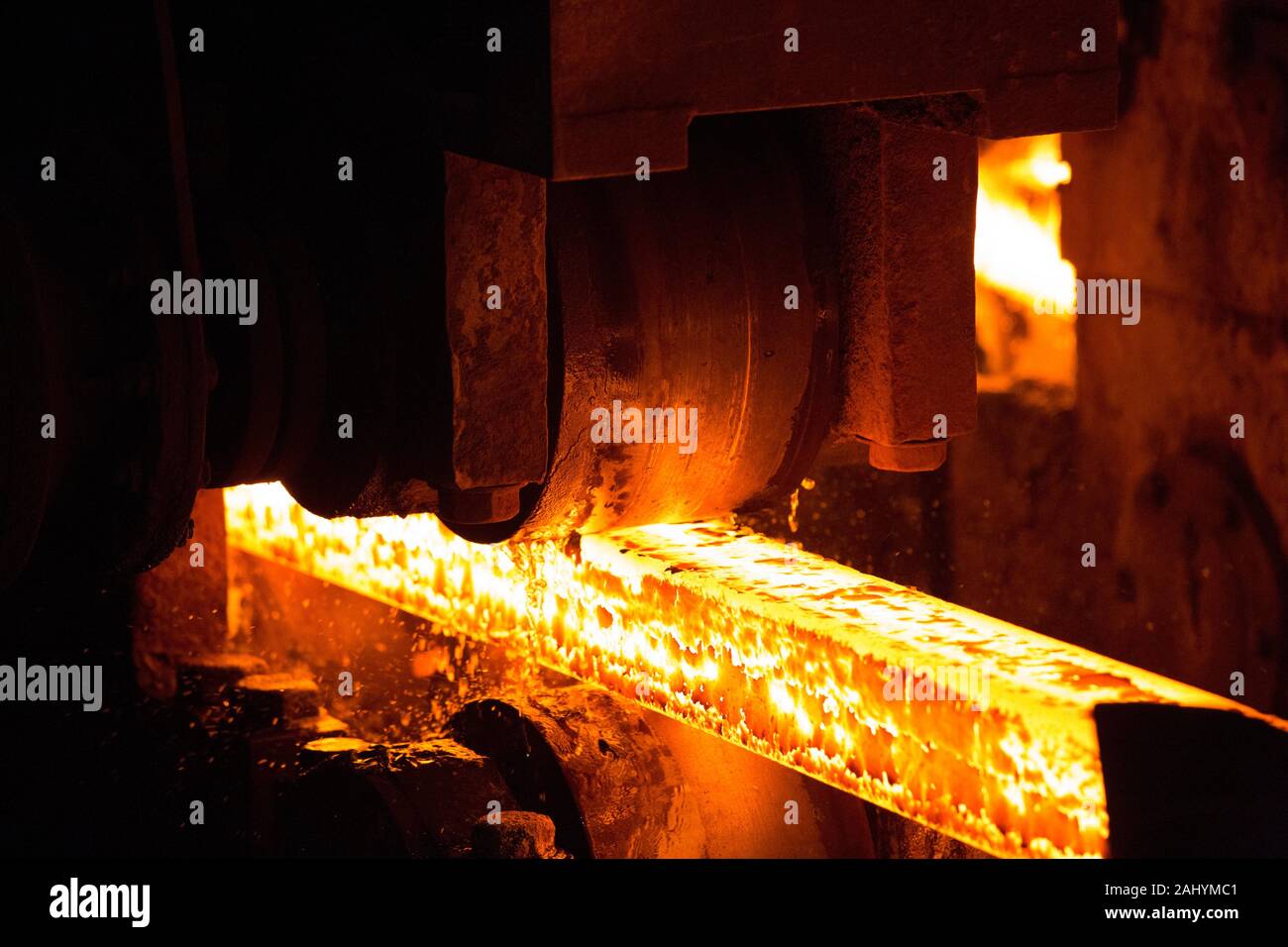 Steel slab being rolled on the Hot strip mill at Demra, Dhaka, Bangladesh. Stock Photo