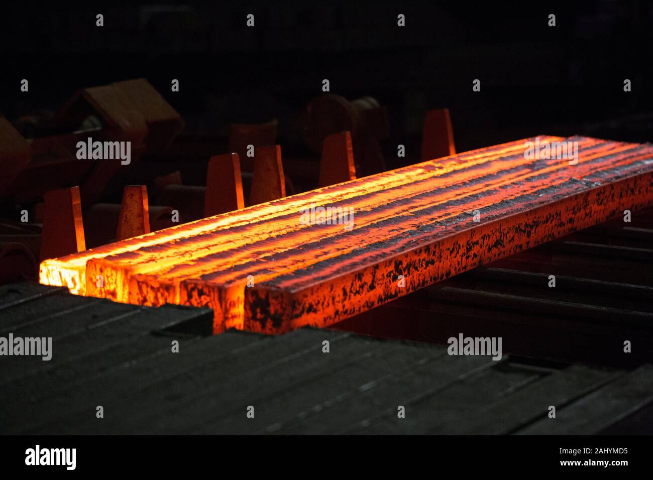 Steel slab being rolled on the Hot strip mill at Demra, Dhaka, Bangladesh. Stock Photo