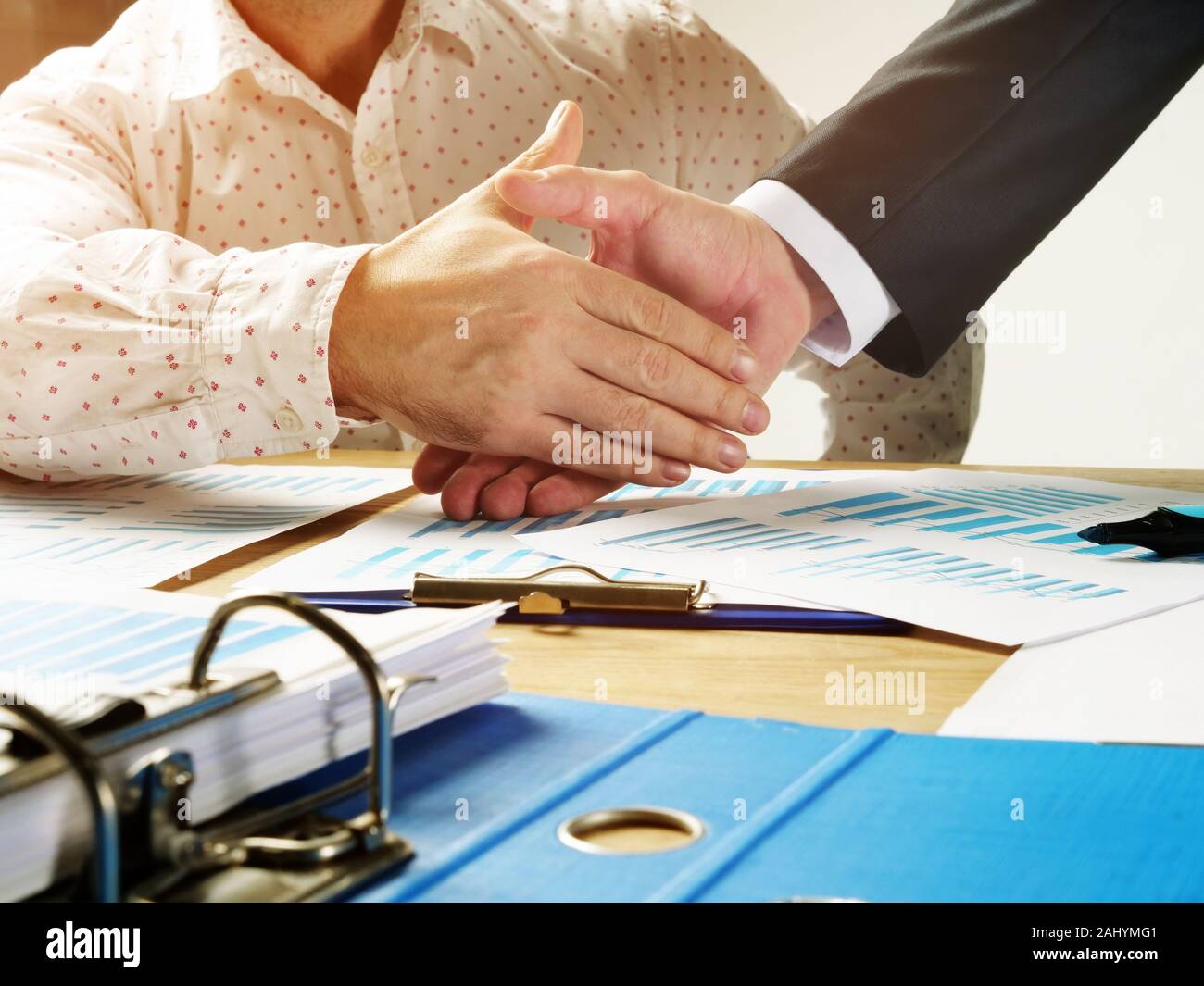 Business partnership success. Shaking hands. Close up of handshake of two businessmen. Stock Photo