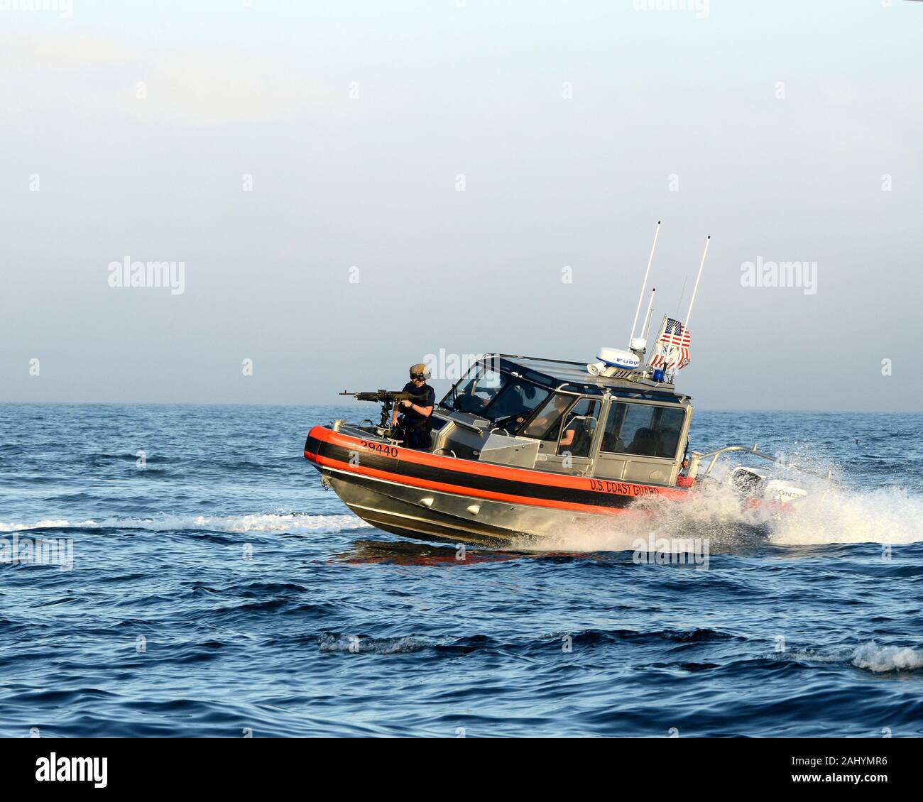 A tactical boat crew aboard 29-foot Response Boat — SMALL II assigned to the Coast Guard Maritime Safety and Security Team Los Angeles/Long Beach enforces a security zone during a training exercise held off the coast of San Diego, Nov. 5, 2019. Coast Guard Maritime Security Response Team West personnel led a visit, board, search and seizure exercise and included teams from MSRT West, Pacific Tactical Law Enforcement Team, MSST LA/LB, National Strike Force’s Pacific Strike Team and the Coast Guard Cutter Terrell Horne who participated in the training scenarios over the course of two days. U.S. Stock Photo