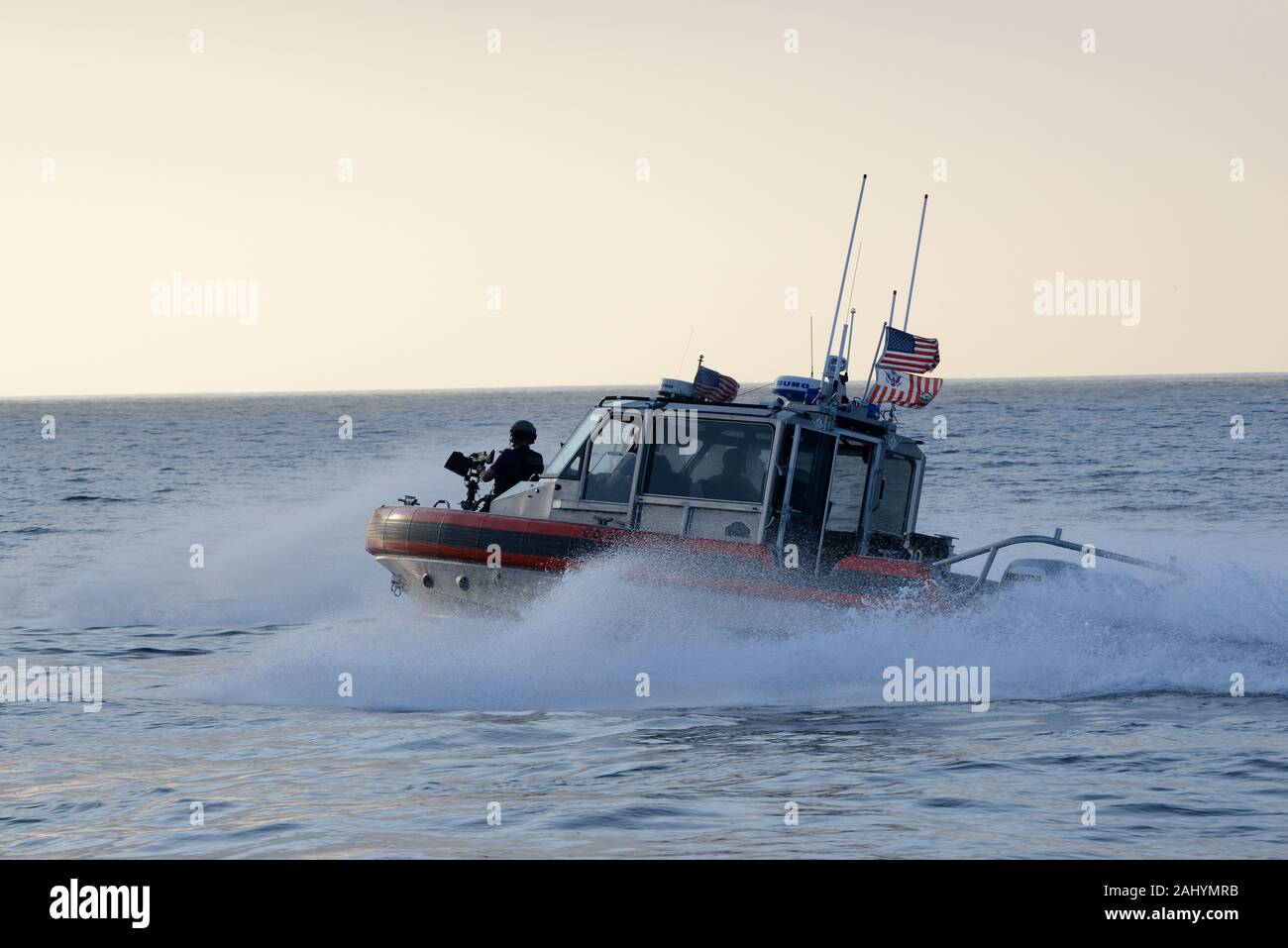 A tactical boat crew aboard 29-foot Response Boat — SMALL II assigned to the Coast Guard Maritime Safety and Security Team Los Angeles/Long Beach maneuvers in the water during a training exercise held off the coast of San Diego, Nov. 5, 2019. Coast Guard Maritime Security Response Team West personnel led a visit, board, search and seizure exercise and included teams from MSRT West, Pacific Tactical Law Enforcement Team, MSST LA/LB, National Strike Force’s Pacific Strike Team and the Coast Guard Cutter Terrell Horne who participated in the training scenarios over the course of two days. U.S. Co Stock Photo