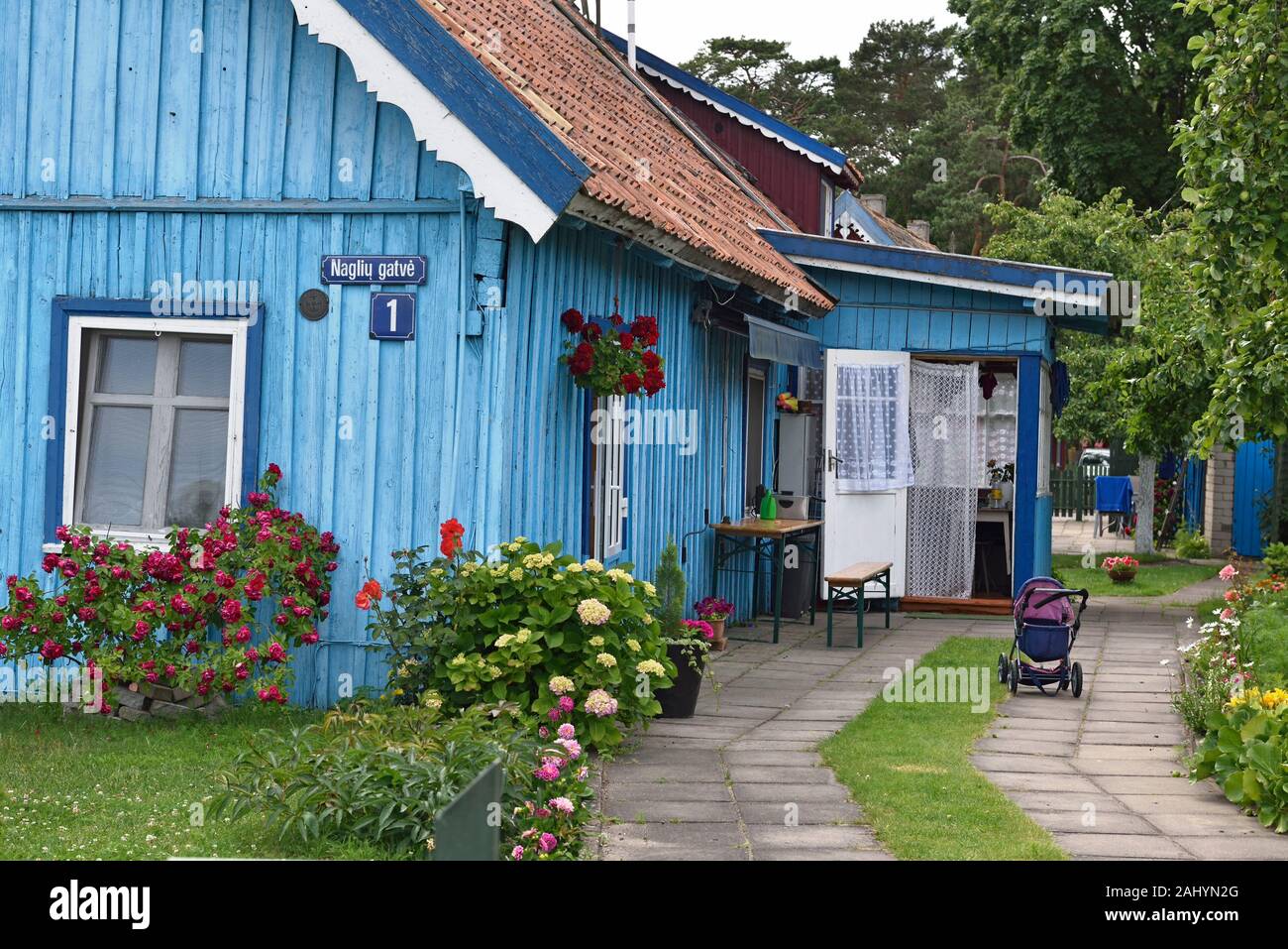 typical wooden house at Nida, Curonian Spit, Lithuania, Baltic States, North Europe. Stock Photo