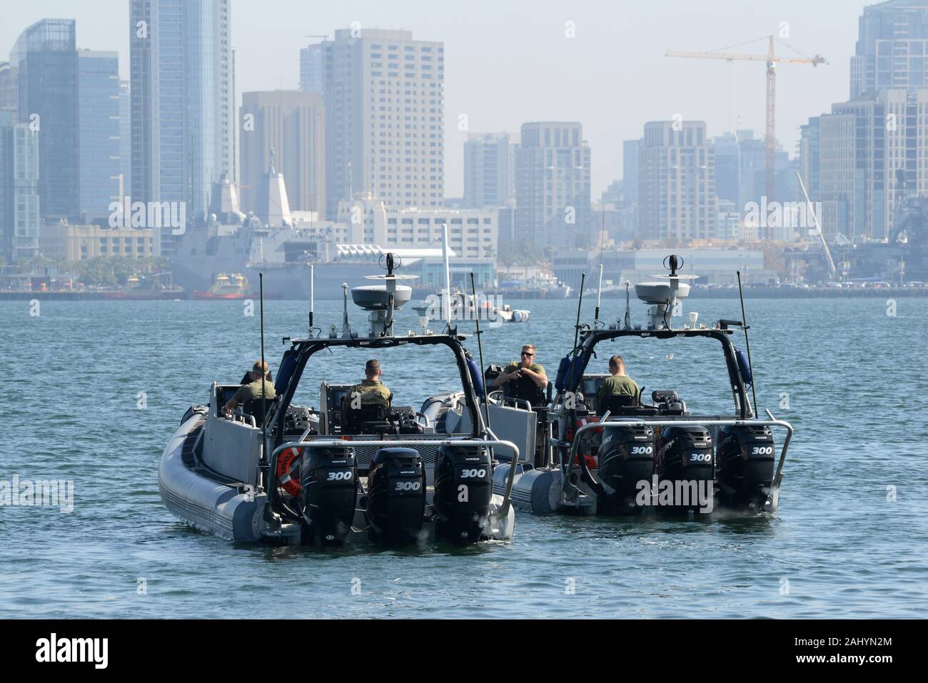 Tactical boat crews aboard 33-foot Special Purpose Craft-Law Enforcement boats assigned to the Coast Guard Maritime Security Response Team West are staged in the San Diego harbor during a joint training exercise, Nov. 5, 2019. Coast Guard Maritime Security Response Team West personnel led a visit, board, search and seizure exercise and included teams from MSRT West, Pacific Tactical Law Enforcement Team, MSST LA/LB, National Strike Force’s Pacific Strike Team and the Coast Guard Cutter Terrell Horne who participated in the training scenarios over the course of two days. U.S. Coast Guard photo Stock Photo